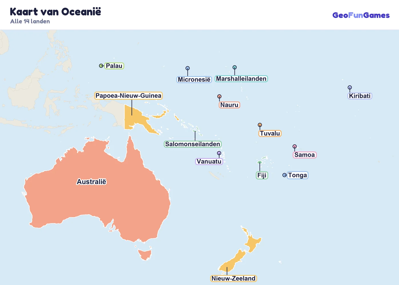 Kaart van Oceanië met de namen van de landen: Australië, Fiji, Kiribati, Marshalleilanden, Micronesië, Nauru, Nieuw-Zeeland, Palau, Papoea-Nieuw-Guinea, Samoa, Salomonseilanden, Tonga, Tuvalu, Vanuatu