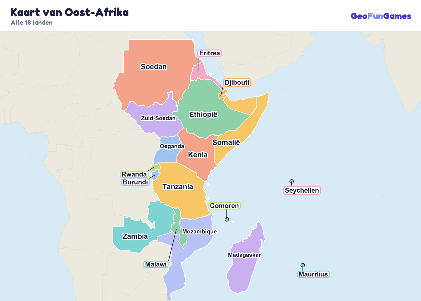 Kaart van Oost-Afrika met de namen van de landen: Ethiopië, Kenia, Tanzania, Oeganda, Somalië, Soedan, Zuid-Soedan, Eritrea, Djibouti, Rwanda, Burundi, Malawi, Mozambique, Zambia, Madagaskar, Mauritius, Seychellen, Comoren