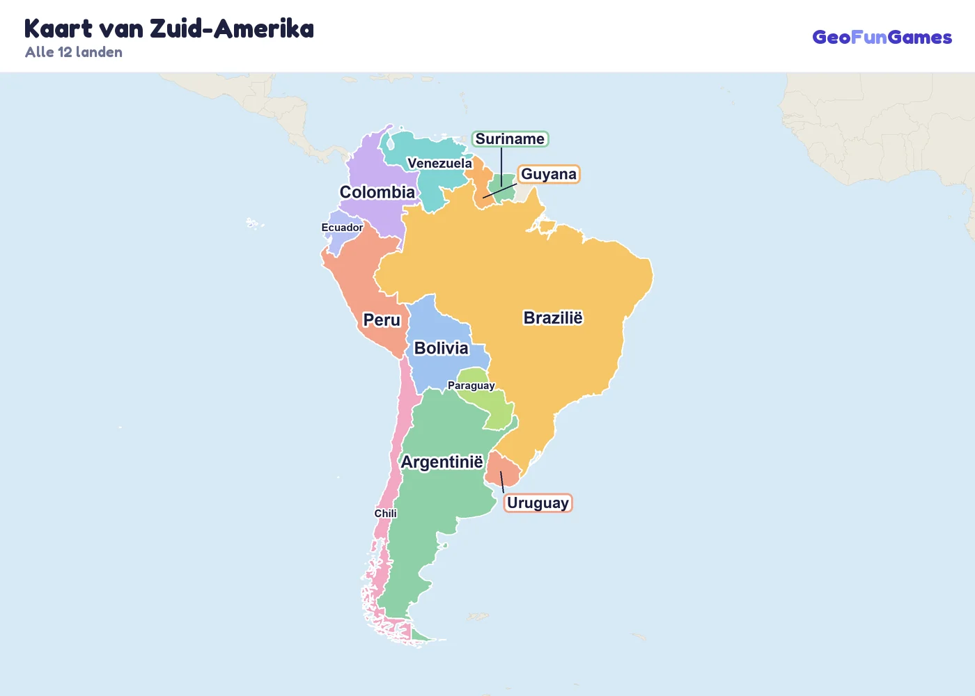 Kaart van Zuid-Amerika met de namen van de landen: Argentinië, Bolivia, Brazilië, Chili, Colombia, Ecuador, Guyana, Paraguay, Peru, Suriname, Uruguay, Venezuela