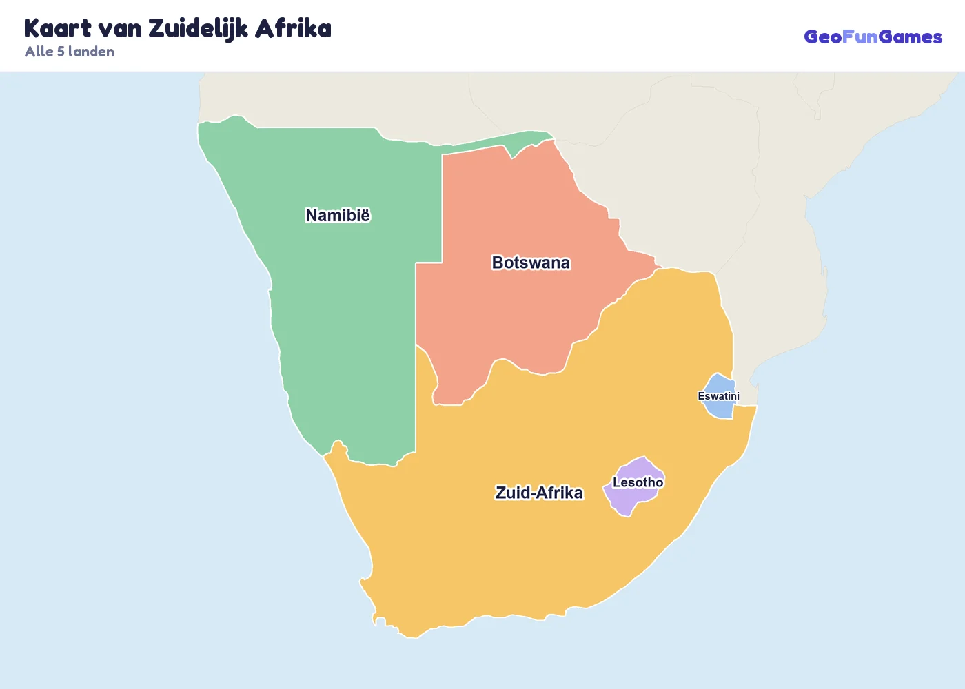 Kaart van Zuidelijk Afrika met de namen van de landen: Zuid-Afrika, Botswana, Namibië, Lesotho, Eswatini