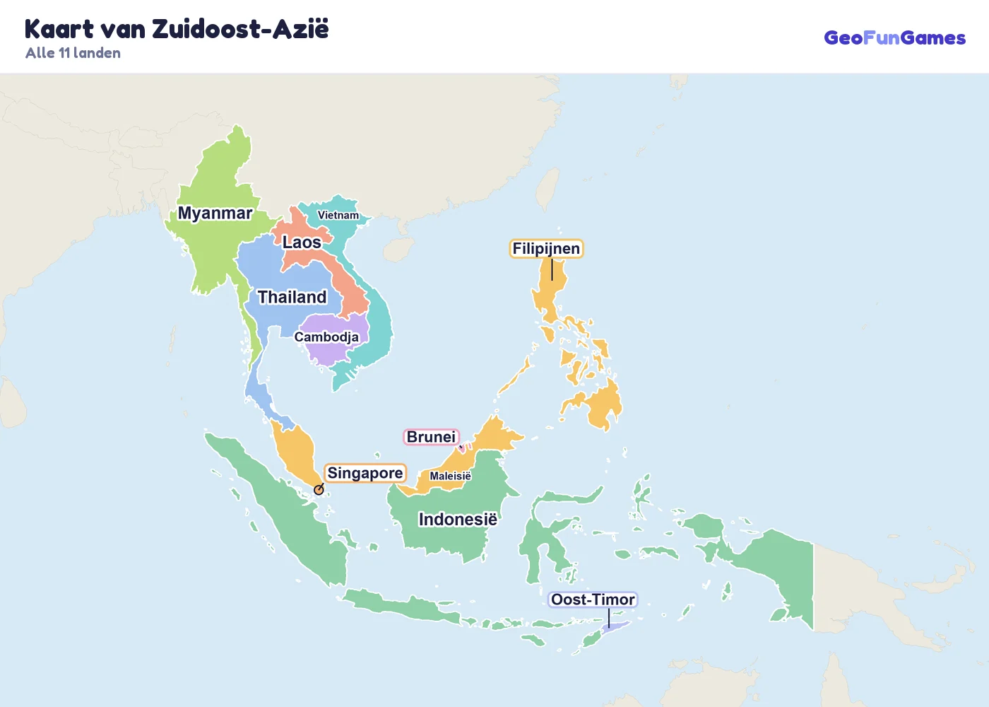 Kaart van Zuidoost-Azië met de namen van de landen: Myanmar, Thailand, Laos, Cambodja, Vietnam, Maleisië, Singapore, Brunei, Indonesië, Filipijnen, Oost-Timor