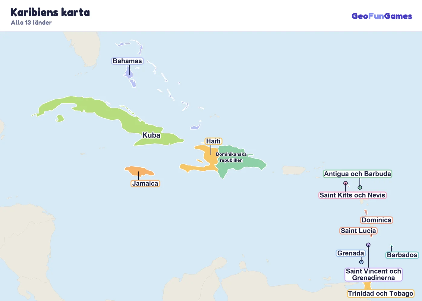 Karibiens karta med ländernas namn: Kuba, Jamaica, Haiti, Dominikanska republiken, Bahamas, Trinidad och Tobago, Barbados, Saint Lucia, Grenada, Saint Vincent och Grenadinerna, Dominica, Antigua och Barbuda, Saint Kitts och Nevis