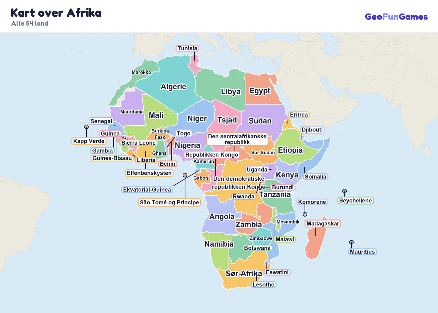 Kart over Afrika med navn på landene: Algerie, Egypt, Libya, Marokko, Tunisia, Mauritania, Nigeria, Ghana, Senegal, Mali, Elfenbenskysten, Niger, Kamerun, Den demokratiske republikken Kongo, Republikken Kongo, Angola, Tsjad, Gabon, Etiopia, Kenya, Tanzania, Sudan, Sør-Sudan, Somalia, Madagaskar, Mosambik, Zambia, Sør-Afrika, Namibia, Botswana, Zimbabwe, Eswatini, Lesotho, Eritrea, Uganda, Rwanda, Malawi, Benin, Burkina Faso, Burundi, Den sentralafrikanske republikk, Djibouti, Ekvatorial-Guinea, Gambia, Guinea, Guinea-Bissau, Kapp Verde, Komorene, Liberia, Mauritius, Seychellene, Sierra Leone, São Tomé og Príncipe, Togo