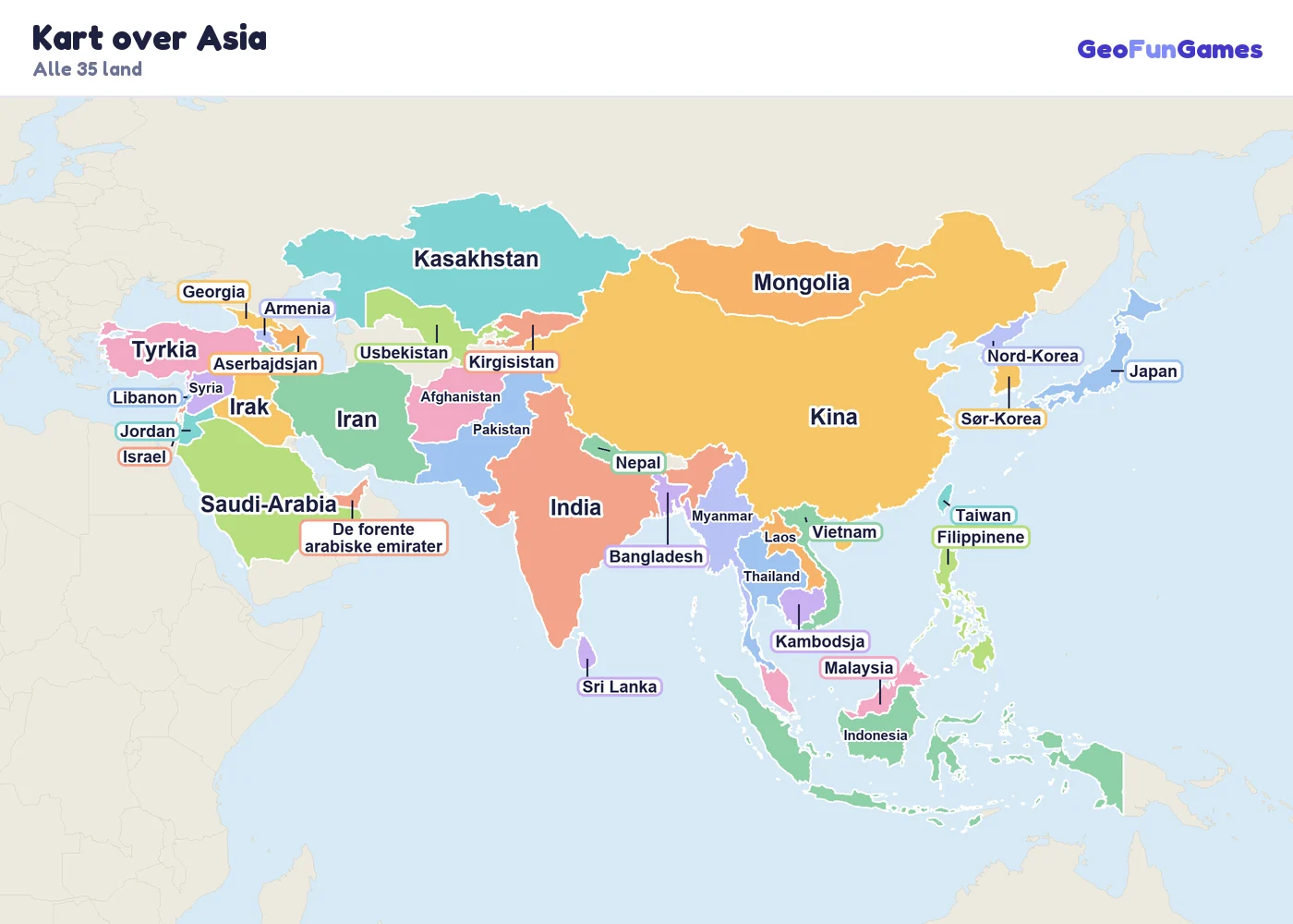 Kart over Asia med navn på landene: Kina, India, Japan, Sør-Korea, Nord-Korea, Mongolia, Indonesia, Pakistan, Bangladesh, Nepal, Sri Lanka, Afghanistan, Kasakhstan, Usbekistan, Saudi-Arabia, Iran, Irak, Tyrkia, Syria, Jordan, Israel, Libanon, Thailand, Vietnam, Filippinene, Malaysia, Myanmar, Kambodsja, Laos, Taiwan, Georgia, Armenia, Aserbajdsjan, De forente arabiske emirater, Kirgisistan