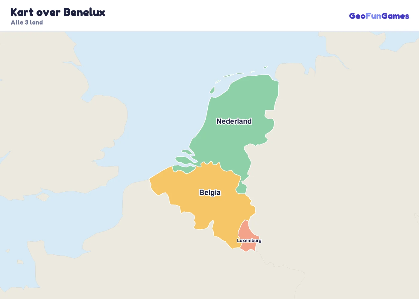 Kart over Benelux med navn på landene: Belgia, Nederland, Luxemburg