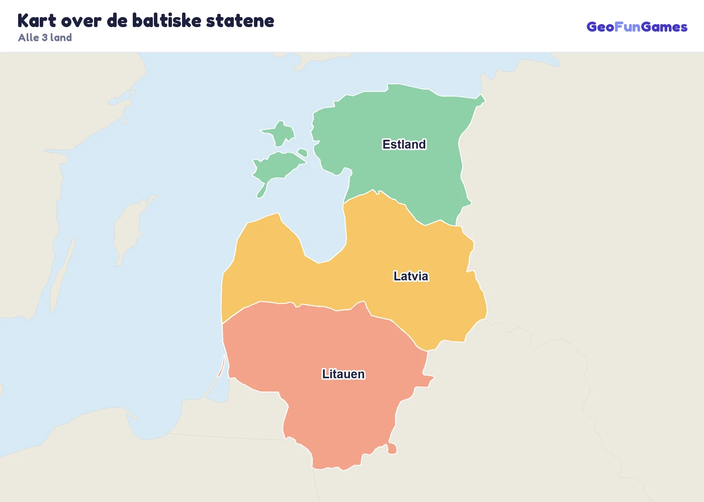 Kart over de baltiske statene med navn på landene: Estland, Latvia, Litauen