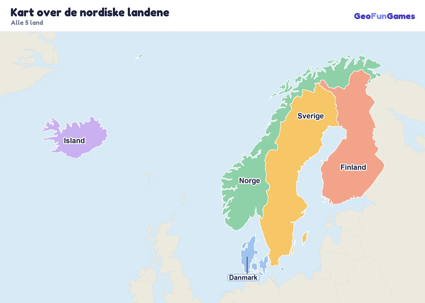 Kart over de nordiske landene med navn på landene: Danmark, Finland, Island, Norge, Sverige