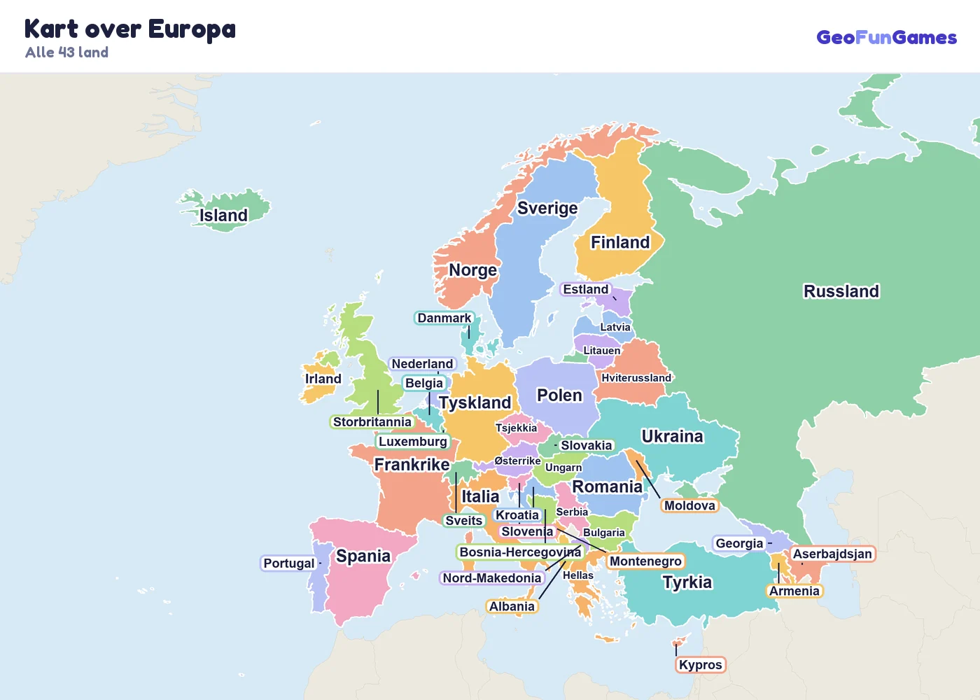 Kart over Europa med navn på landene: Albania, Østerrike, Armenia, Aserbajdsjan, Hviterussland, Belgia, Bosnia-Hercegovina, Bulgaria, Kroatia, Kypros, Tsjekkia, Danmark, Estland, Finland, Frankrike, Georgia, Tyskland, Hellas, Ungarn, Island, Irland, Italia, Latvia, Litauen, Luxemburg, Moldova, Montenegro, Nederland, Nord-Makedonia, Norge, Polen, Portugal, Romania, Russland, Serbia, Slovakia, Slovenia, Spania, Sverige, Sveits, Tyrkia, Ukraina, Storbritannia