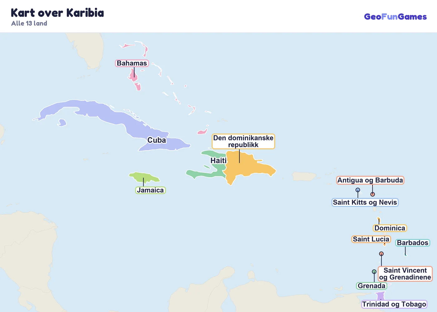 Kart over Karibia med navn på landene: Cuba, Jamaica, Haiti, Den dominikanske republikk, Bahamas, Trinidad og Tobago, Barbados, Saint Lucia, Grenada, Saint Vincent og Grenadinene, Dominica, Antigua og Barbuda, Saint Kitts og Nevis