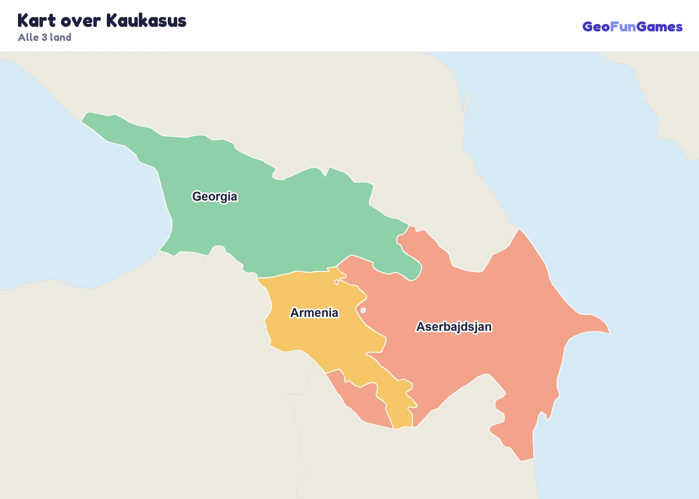 Kart over Kaukasus med navn på landene: Armenia, Aserbajdsjan, Georgia