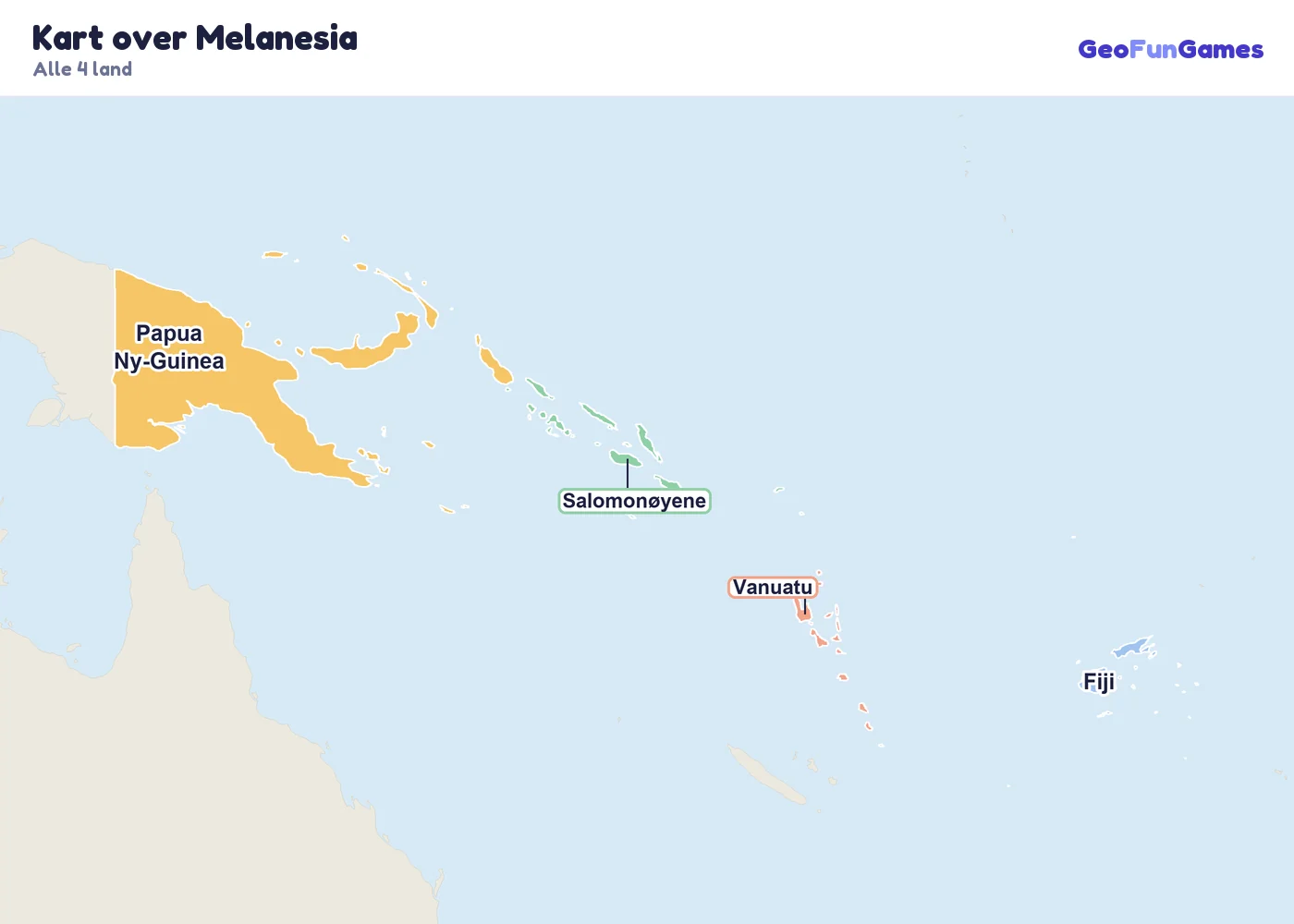 Kart over Melanesia med navn på landene: Fiji, Papua Ny-Guinea, Salomonøyene, Vanuatu