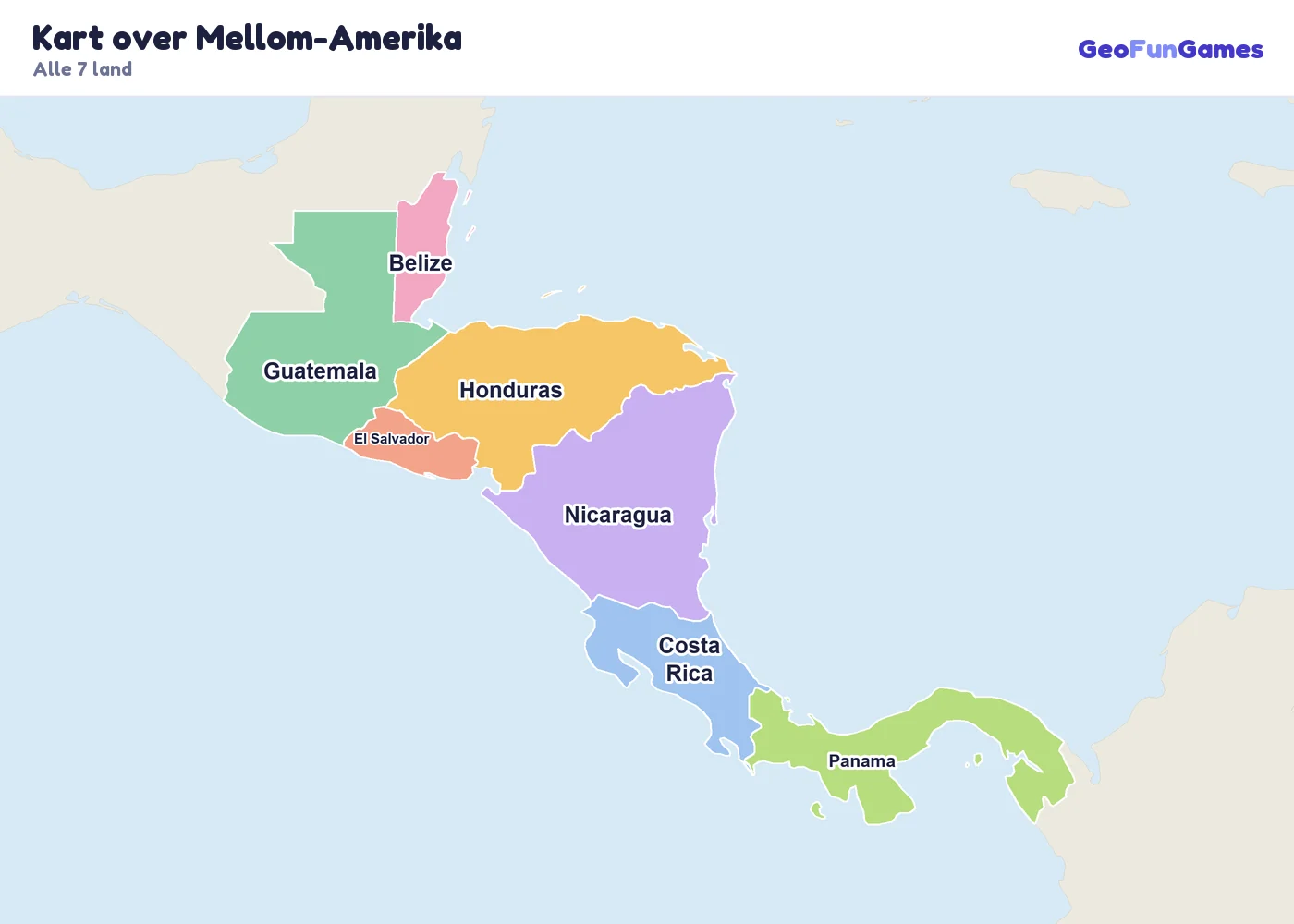 Kart over Mellom-Amerika med navn på landene: Belize, Guatemala, El Salvador, Honduras, Nicaragua, Costa Rica, Panama