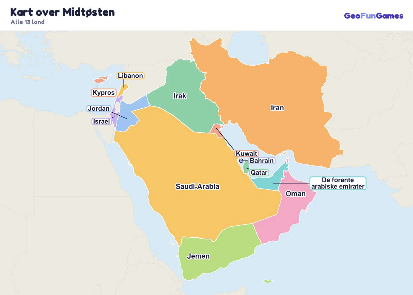 Kart over Midtøsten med navn på landene: Saudi-Arabia, Iran, Irak, Jemen, Oman, De forente arabiske emirater, Kuwait, Qatar, Bahrain, Jordan, Israel, Libanon, Kypros
