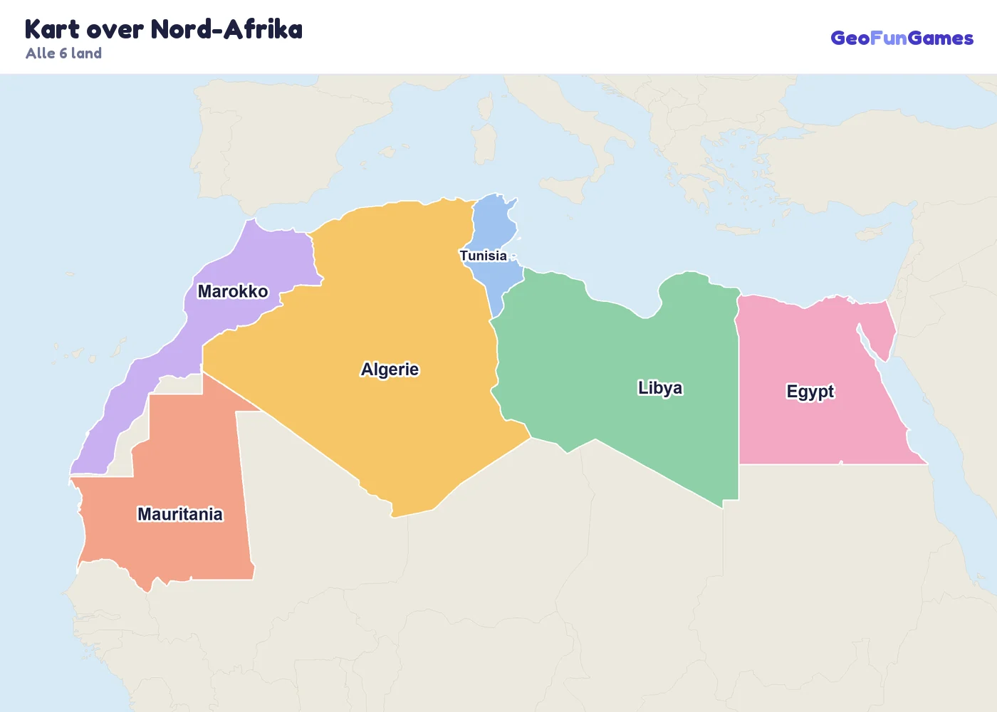 Kart over Nord-Afrika med navn på landene: Algerie, Egypt, Libya, Marokko, Tunisia, Mauritania