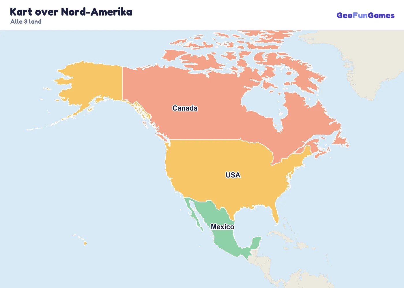 Kart over Nord-Amerika med navn på landene: Canada, USA, Mexico