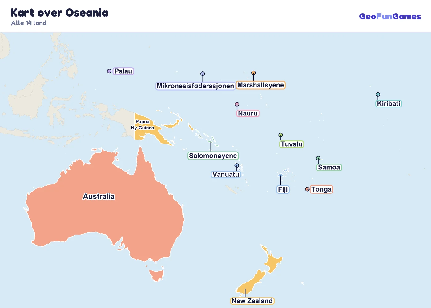 Kart over Oseania med navn på landene: Australia, Fiji, Kiribati, Marshalløyene, Mikronesiaføderasjonen, Nauru, New Zealand, Palau, Papua Ny-Guinea, Samoa, Salomonøyene, Tonga, Tuvalu, Vanuatu