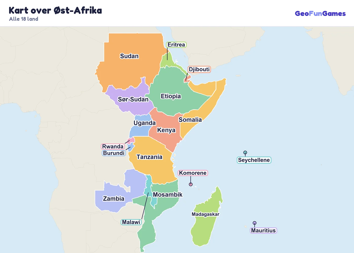Kart over Øst-Afrika med navn på landene: Etiopia, Kenya, Tanzania, Uganda, Somalia, Sudan, Sør-Sudan, Eritrea, Djibouti, Rwanda, Burundi, Malawi, Mosambik, Zambia, Madagaskar, Mauritius, Seychellene, Komorene