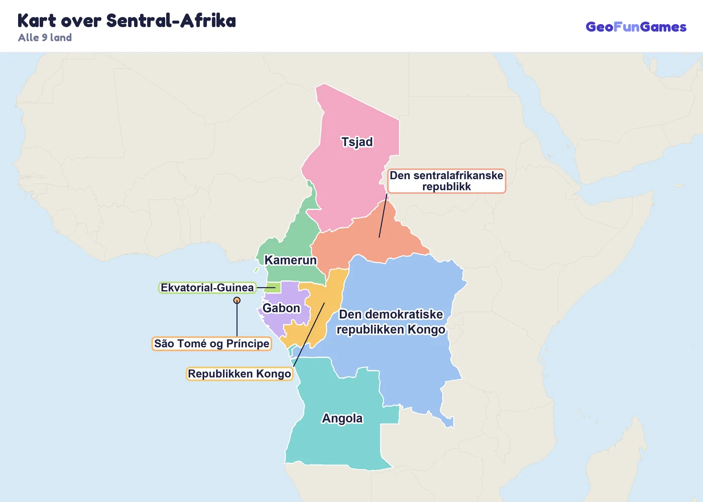 Kart over Sentral-Afrika med navn på landene: Kamerun, Den sentralafrikanske republikk, Tsjad, Den demokratiske republikken Kongo, Republikken Kongo, Ekvatorial-Guinea, Gabon, São Tomé og Príncipe, Angola