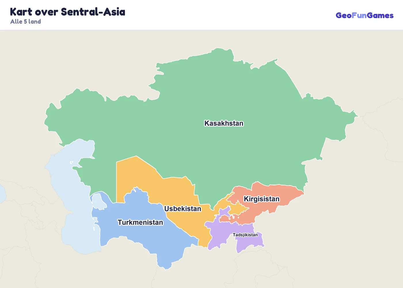 Kart over Sentral-Asia med navn på landene: Kasakhstan, Kirgisistan, Tadsjikistan, Turkmenistan, Usbekistan