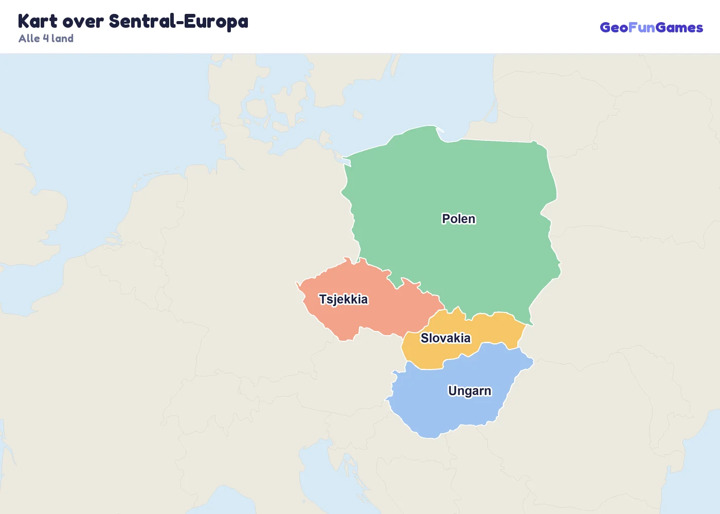 Kart over Sentral-Europa med navn på landene: Tsjekkia, Ungarn, Polen, Slovakia