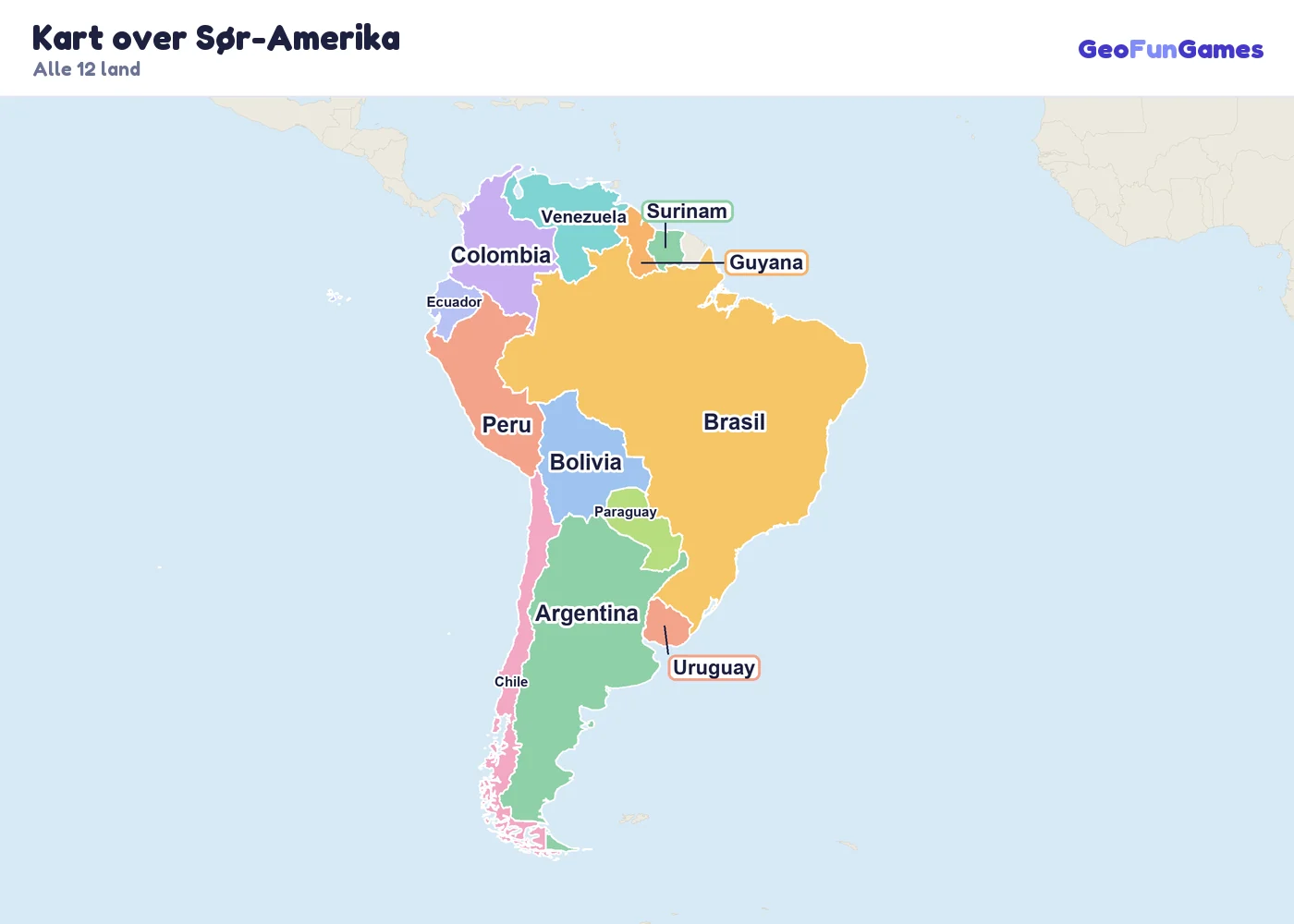 Kart over Sør-Amerika med navn på landene: Argentina, Bolivia, Brasil, Chile, Colombia, Ecuador, Guyana, Paraguay, Peru, Surinam, Uruguay, Venezuela