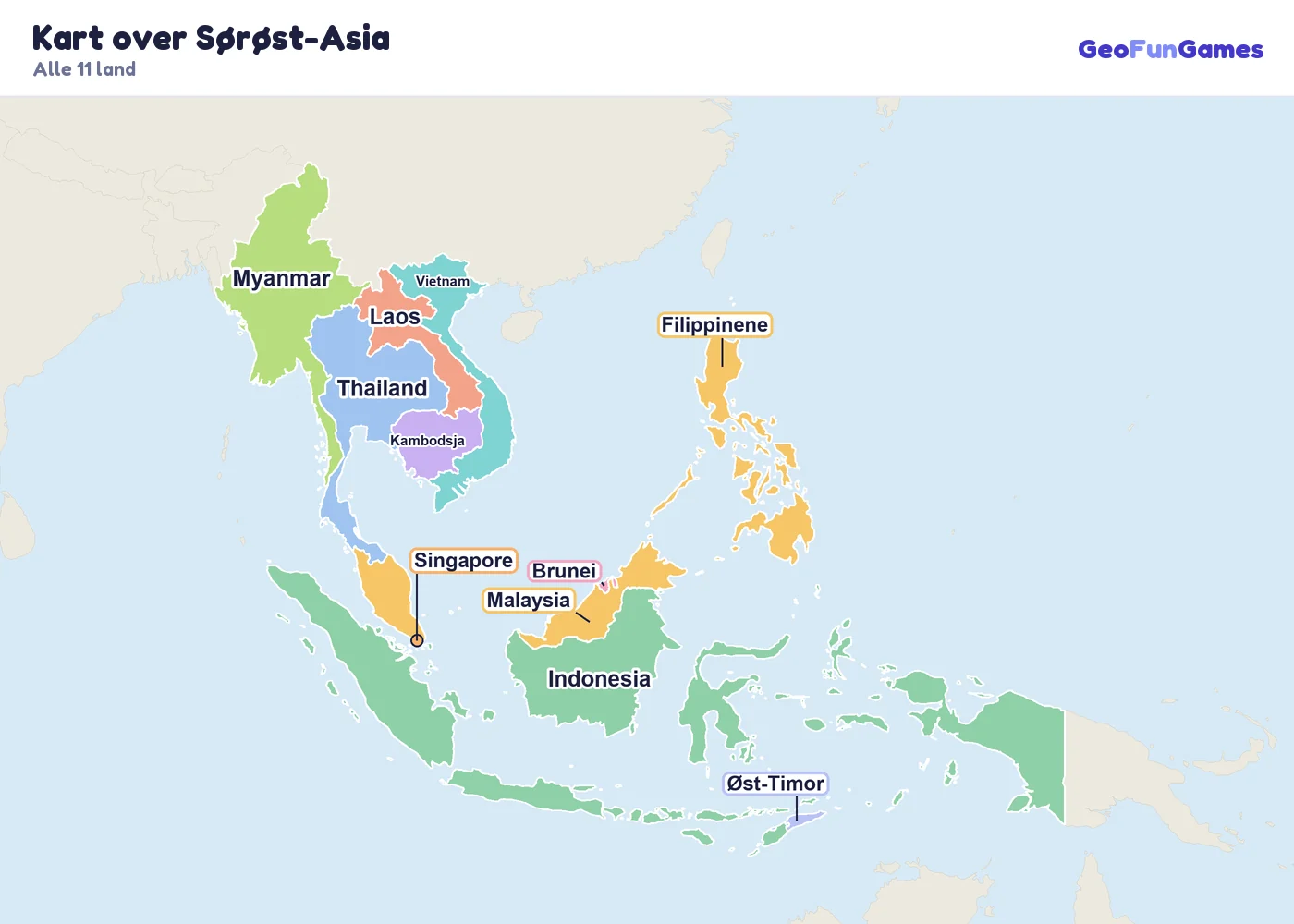 Kart over Sørøst-Asia med navn på landene: Myanmar, Thailand, Laos, Kambodsja, Vietnam, Malaysia, Singapore, Brunei, Indonesia, Filippinene, Øst-Timor