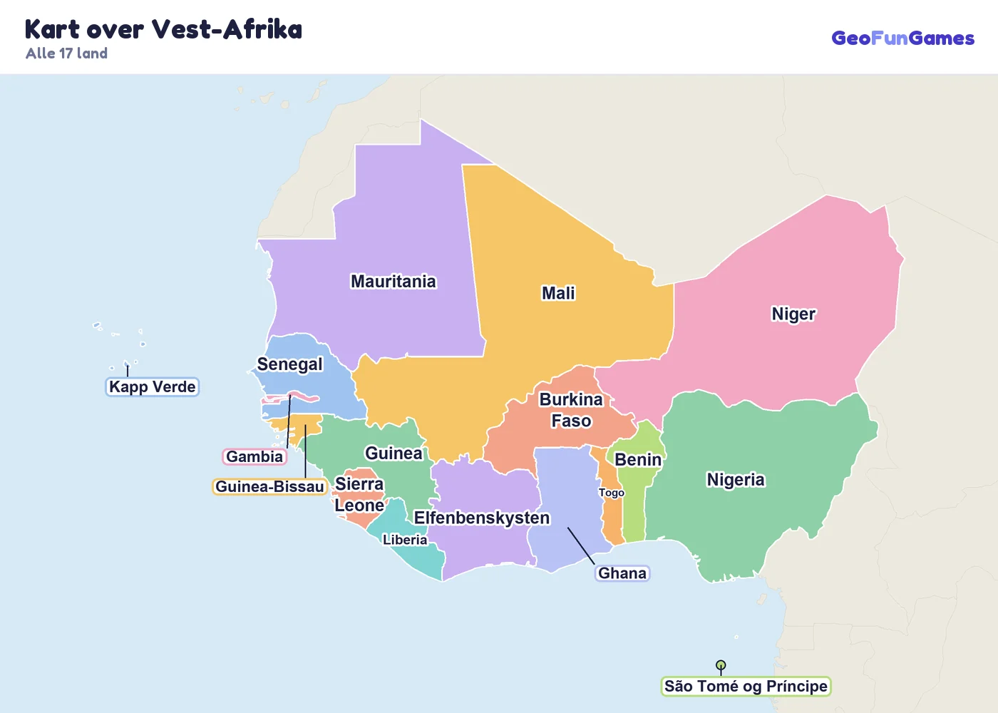 Kart over Vest-Afrika med navn på landene: Nigeria, Ghana, Senegal, Mali, Niger, Burkina Faso, Elfenbenskysten, Guinea, Gambia, Liberia, Sierra Leone, Togo, Benin, Kapp Verde, Guinea-Bissau, Mauritania, São Tomé og Príncipe
