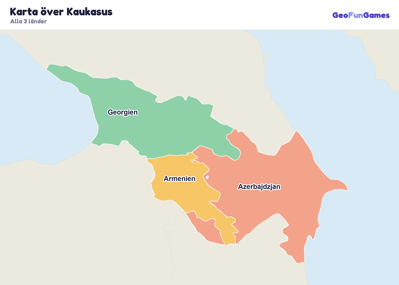 Karta över Kaukasus med ländernas namn: Armenien, Azerbajdzjan, Georgien