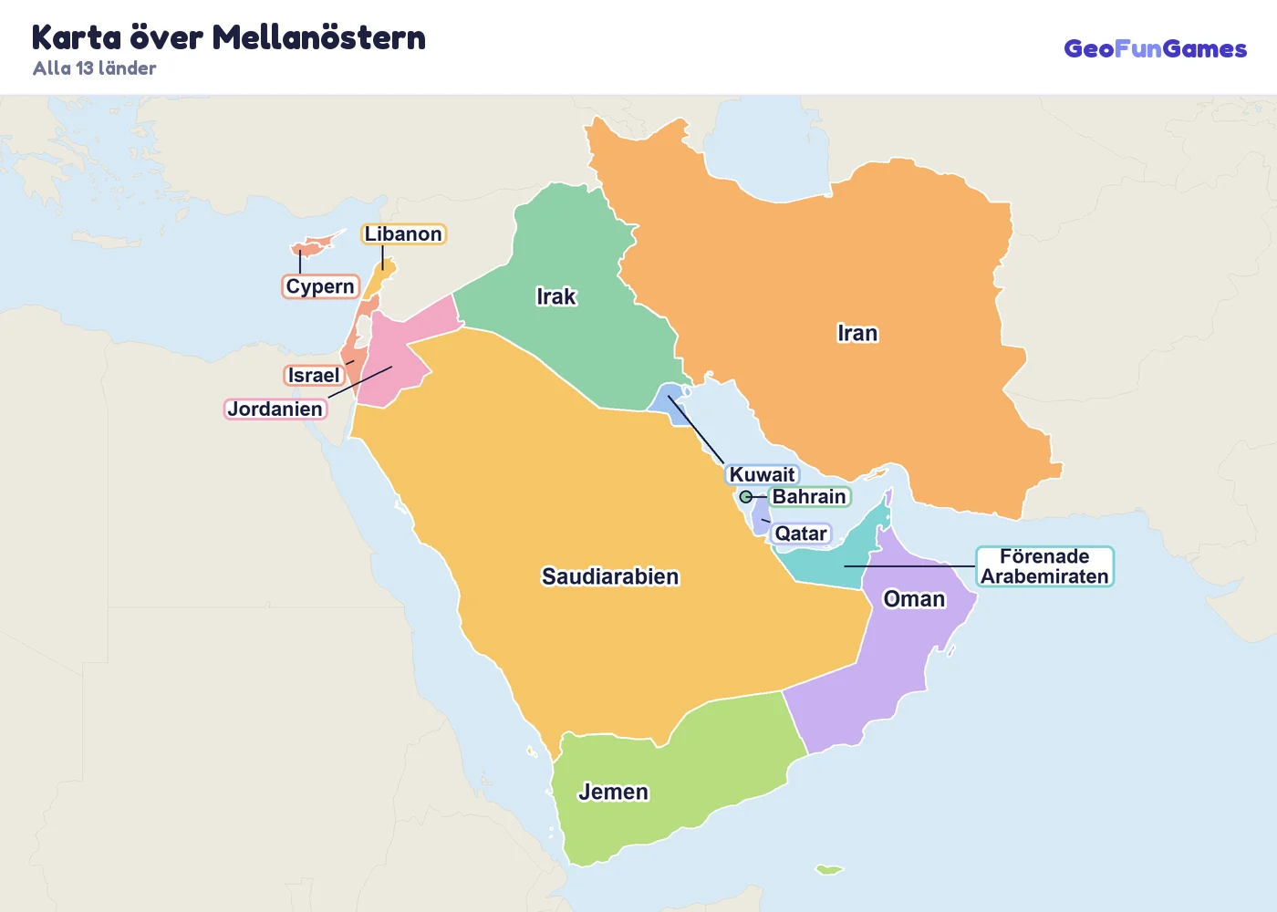 Karta över Mellanöstern med ländernas namn: Saudiarabien, Iran, Irak, Jemen, Oman, Förenade Arabemiraten, Kuwait, Qatar, Bahrain, Jordanien, Israel, Libanon, Cypern