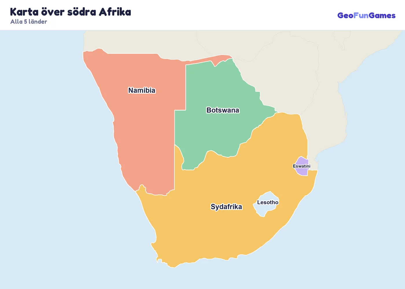 Karta över södra Afrika med ländernas namn: Sydafrika, Botswana, Namibia, Lesotho, Eswatini