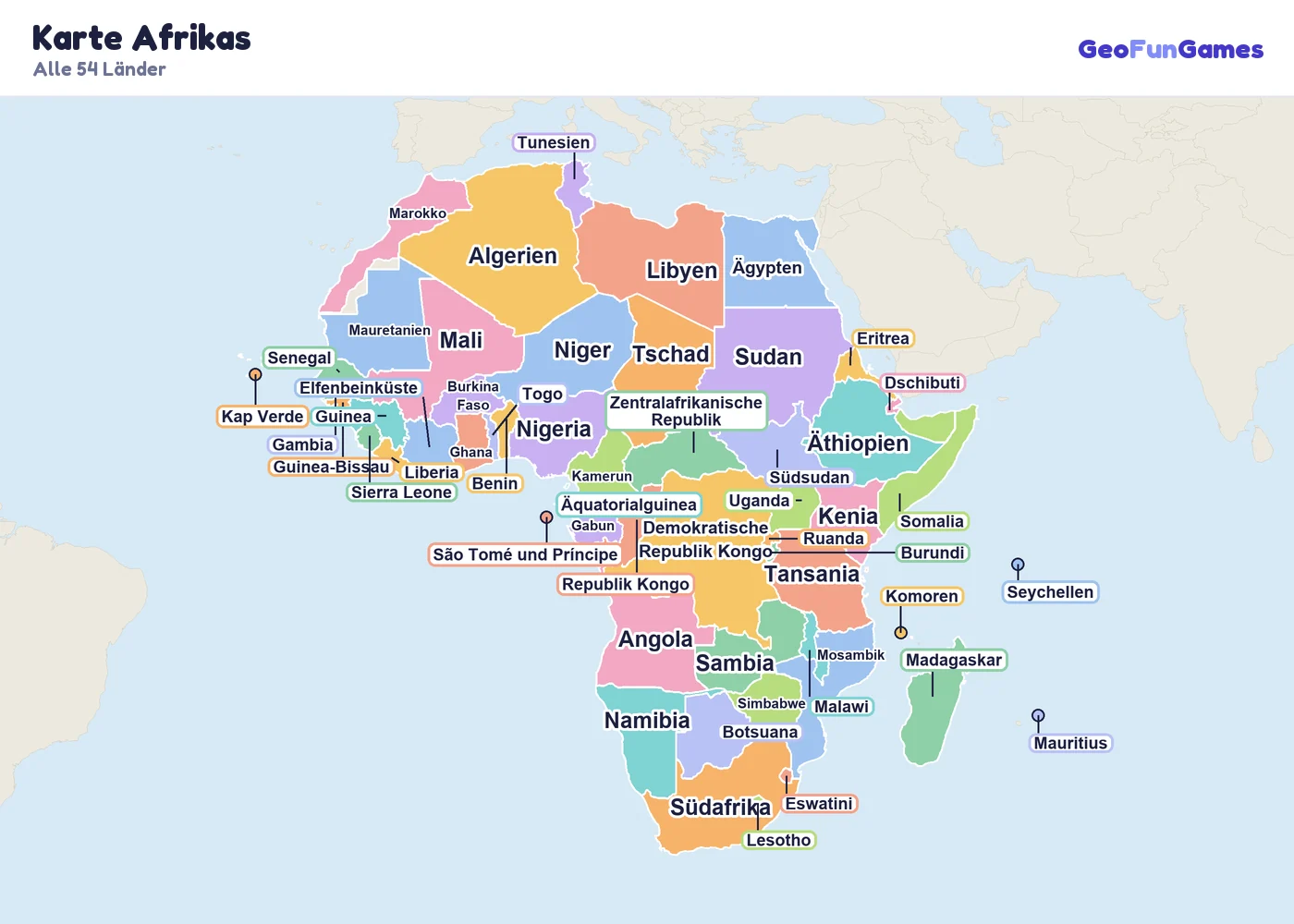 Karte Afrikas mit den Namen aller Länder: Algerien, Ägypten, Libyen, Marokko, Tunesien, Mauretanien, Nigeria, Ghana, Senegal, Mali, Elfenbeinküste, Niger, Kamerun, Demokratische Republik Kongo, Republik Kongo, Angola, Tschad, Gabun, Äthiopien, Kenia, Tansania, Sudan, Südsudan, Somalia, Madagaskar, Mosambik, Sambia, Südafrika, Namibia, Botsuana, Simbabwe, Eswatini, Lesotho, Eritrea, Uganda, Ruanda, Malawi, Benin, Burkina Faso, Burundi, Zentralafrikanische Republik, Dschibuti, Äquatorialguinea, Gambia, Guinea, Guinea-Bissau, Kap Verde, Komoren, Liberia, Mauritius, Seychellen, Sierra Leone, São Tomé und Príncipe, Togo