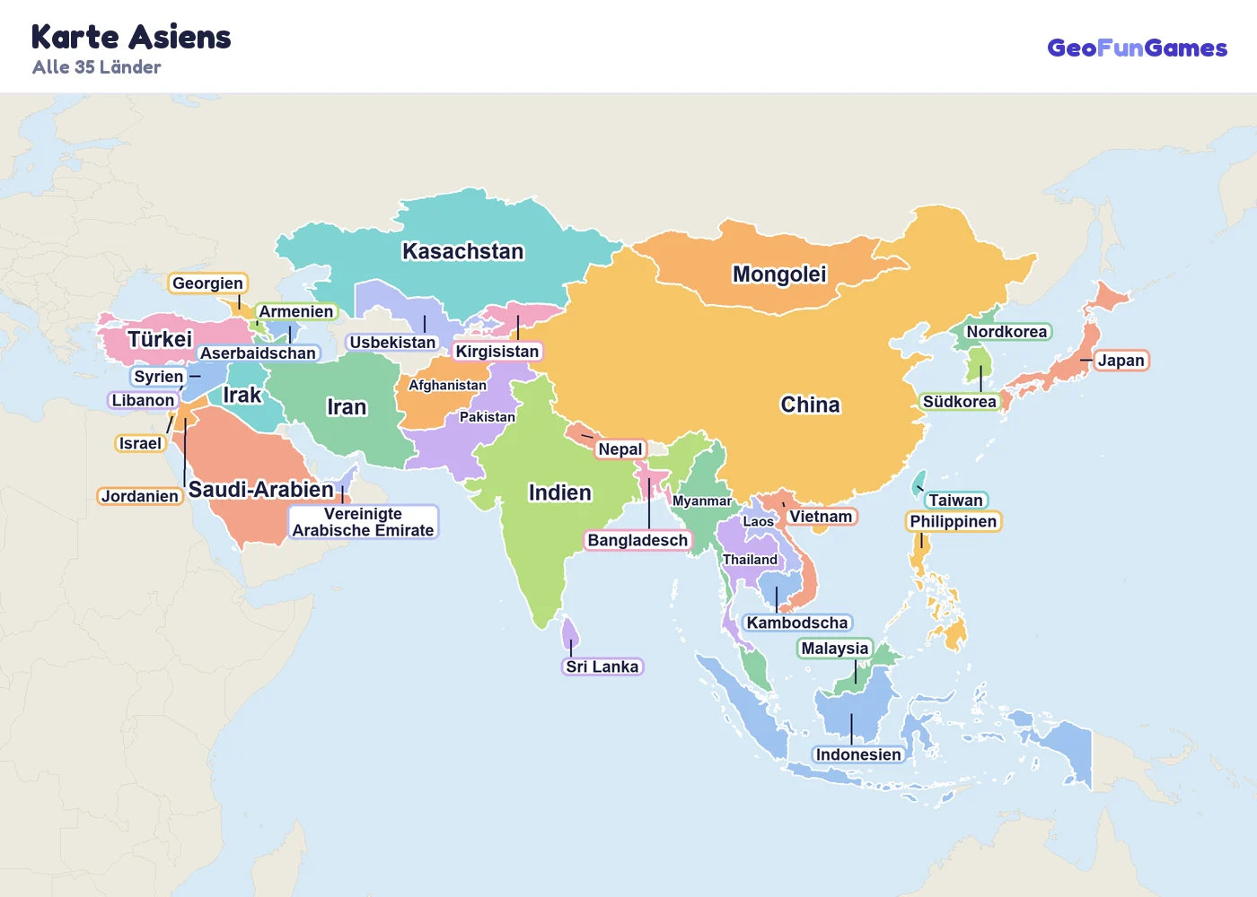 Karte Asiens mit den Namen aller Länder: China, Indien, Japan, Südkorea, Nordkorea, Mongolei, Indonesien, Pakistan, Bangladesch, Nepal, Sri Lanka, Afghanistan, Kasachstan, Usbekistan, Saudi-Arabien, Iran, Irak, Türkei, Syrien, Jordanien, Israel, Libanon, Thailand, Vietnam, Philippinen, Malaysia, Myanmar, Kambodscha, Laos, Taiwan, Georgien, Armenien, Aserbaidschan, Vereinigte Arabische Emirate, Kirgisistan