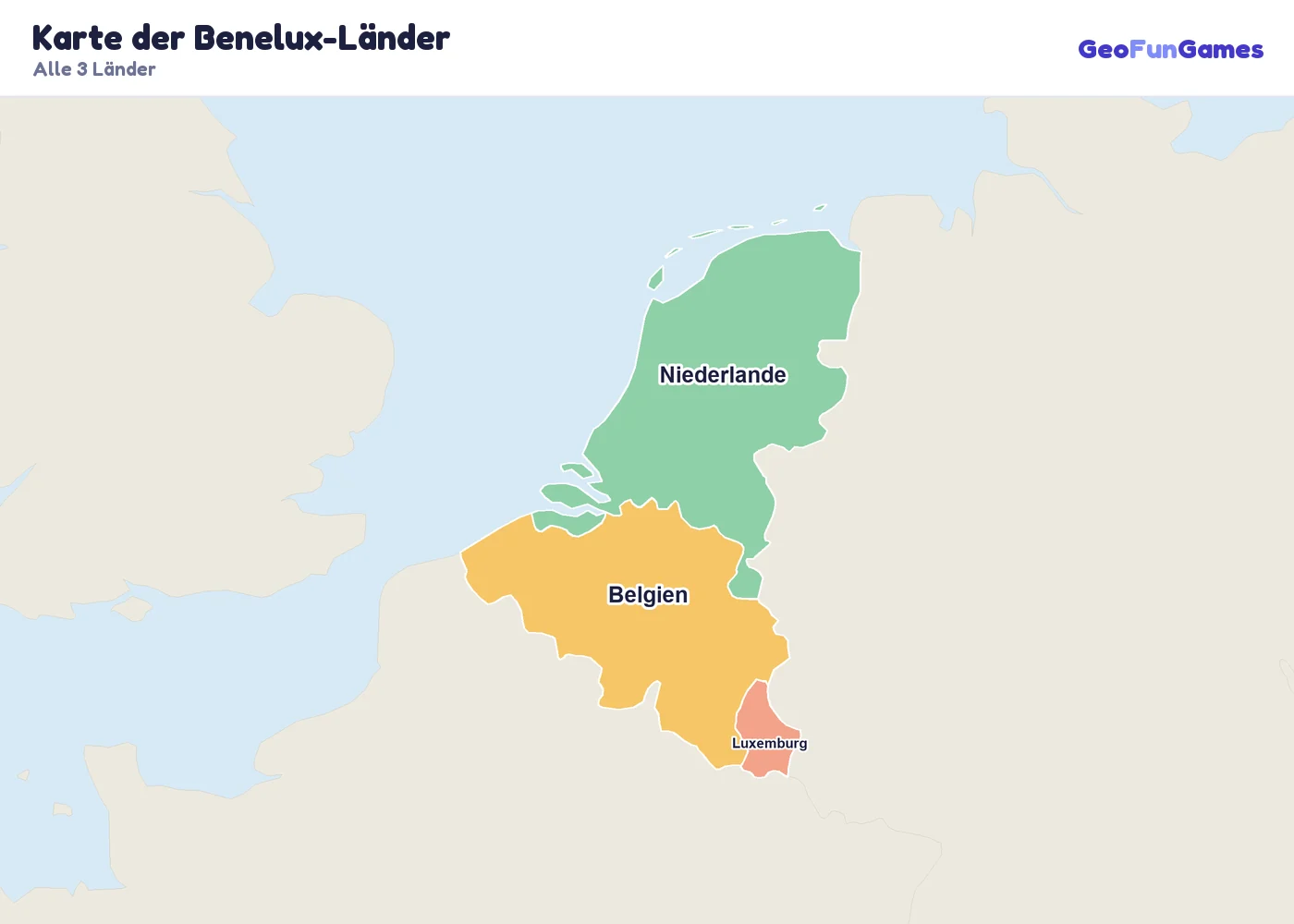 Karte der Benelux-Länder mit den Namen aller Länder: Belgien, Niederlande, Luxemburg