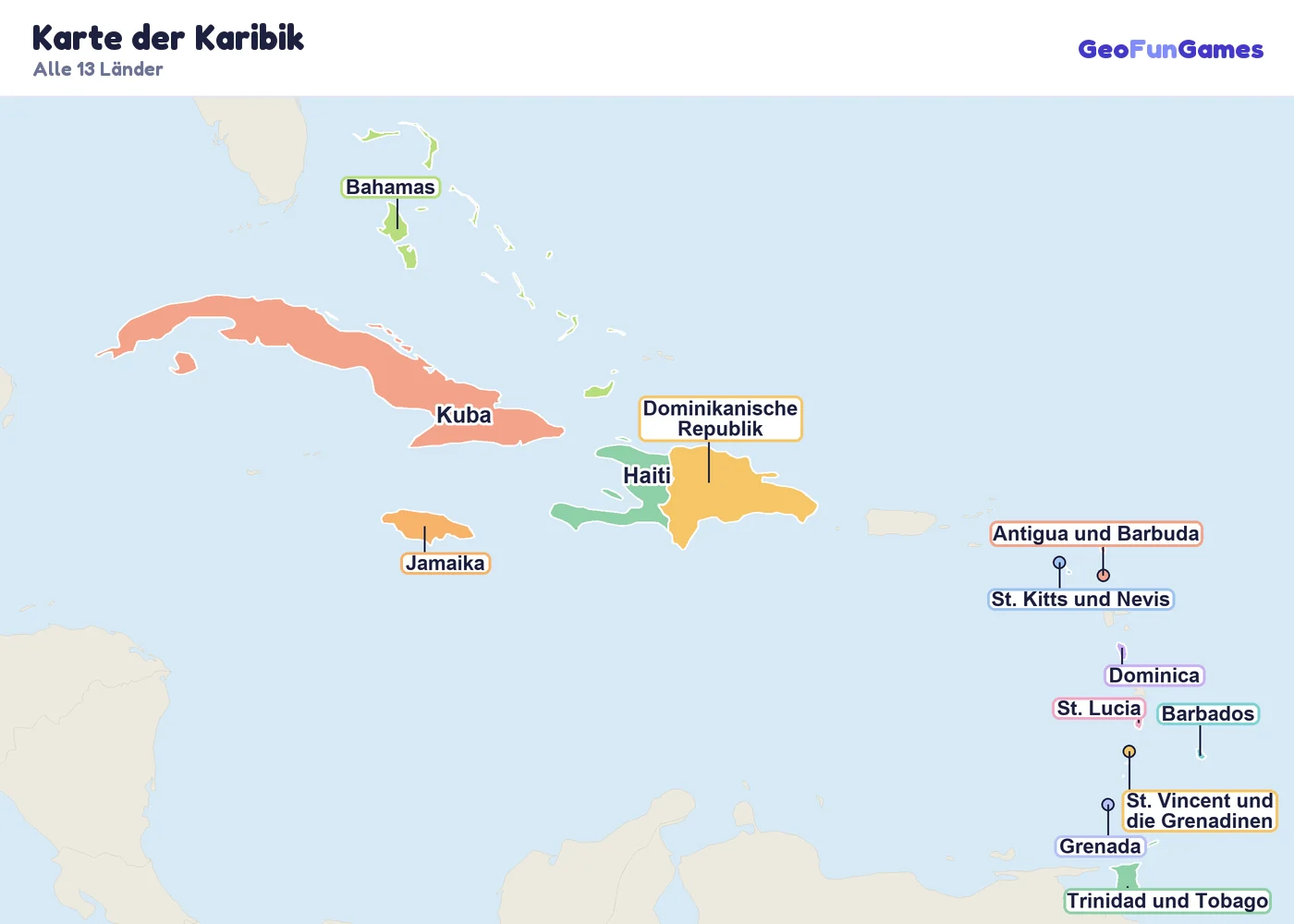 Karte der Karibik mit den Namen aller Länder: Kuba, Jamaika, Haiti, Dominikanische Republik, Bahamas, Trinidad und Tobago, Barbados, St. Lucia, Grenada, St. Vincent und die Grenadinen, Dominica, Antigua und Barbuda, St. Kitts und Nevis