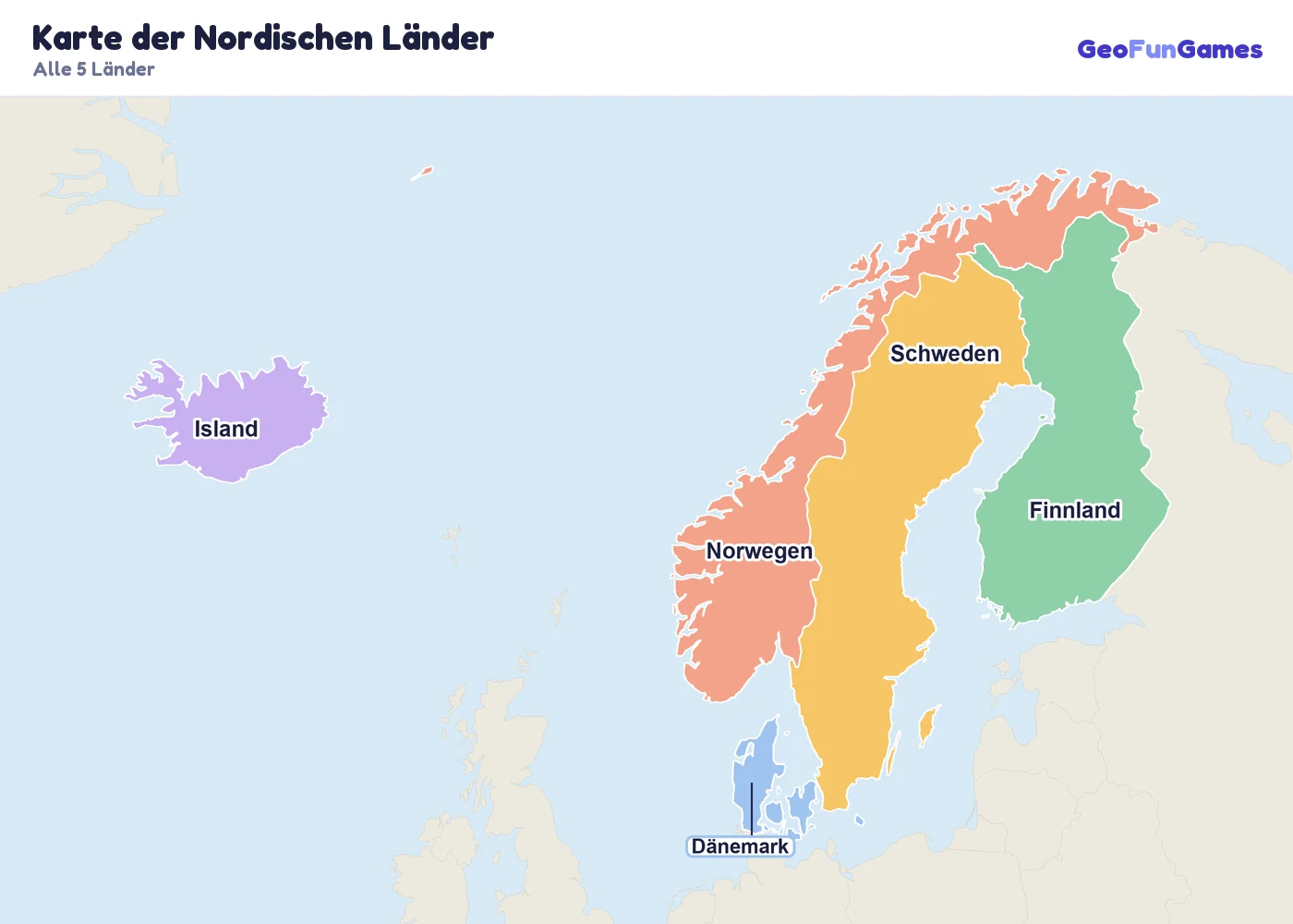 Karte der Nordischen Länder mit den Namen aller Länder: Dänemark, Finnland, Island, Norwegen, Schweden