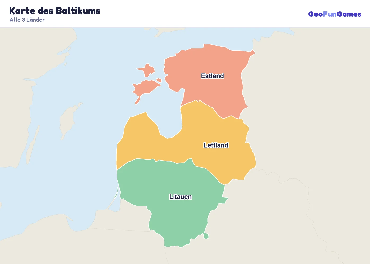 Karte des Baltikums mit den Namen aller Länder: Estland, Lettland, Litauen