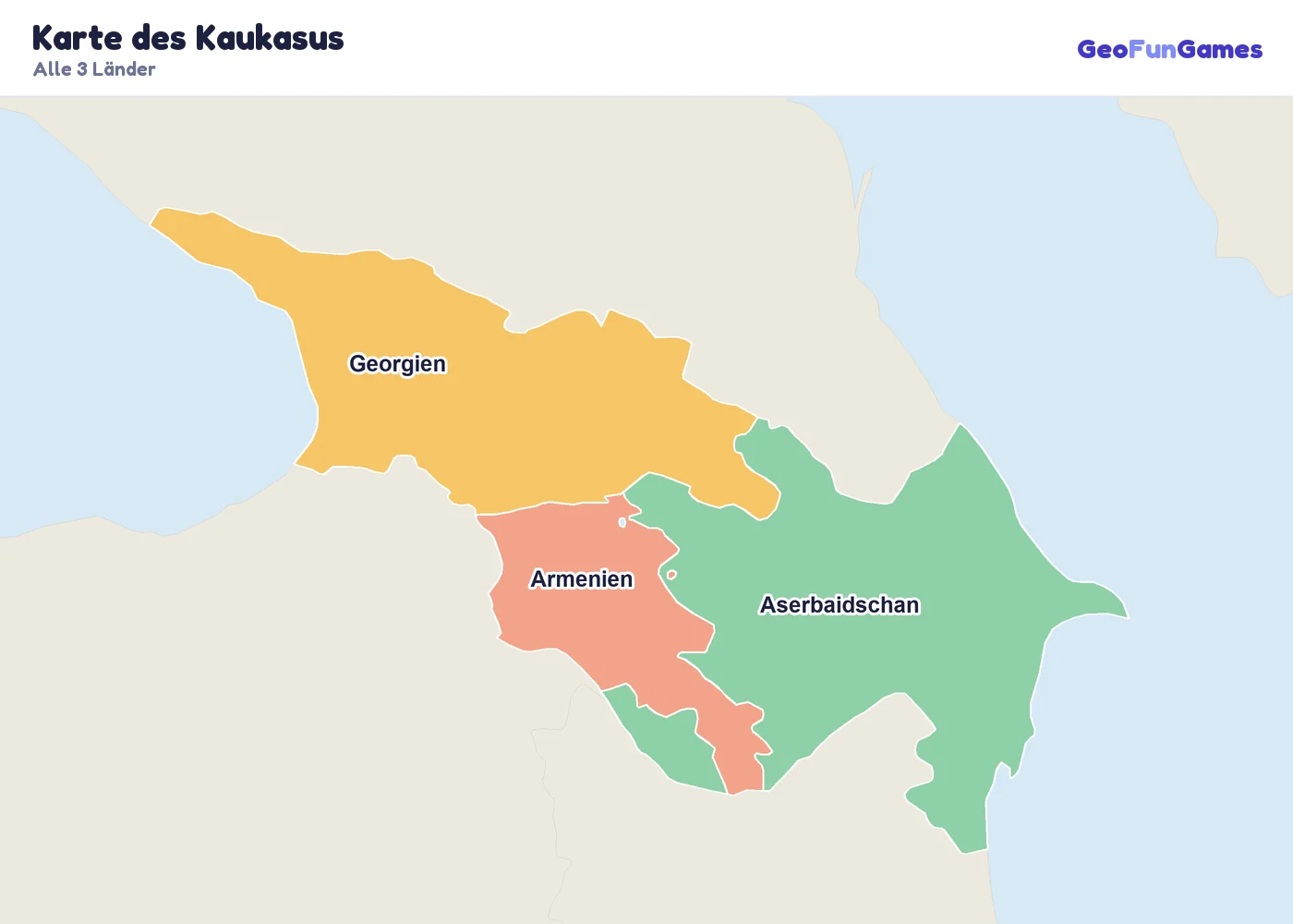 Karte des Kaukasus mit den Namen aller Länder: Armenien, Aserbaidschan, Georgien