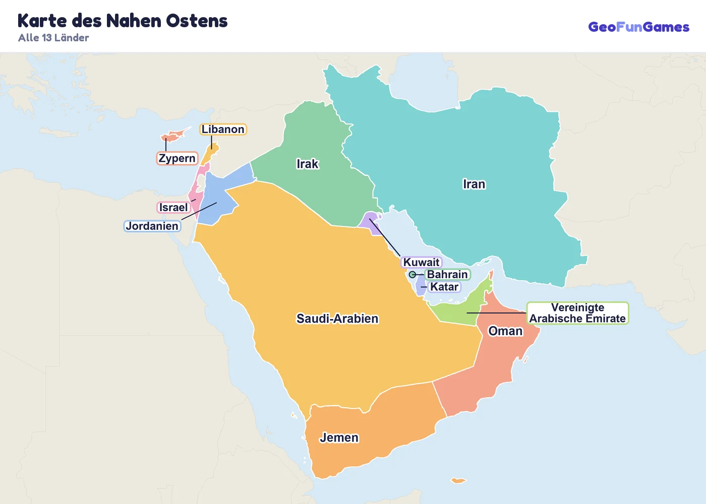 Karte des Nahen Ostens mit den Namen aller Länder: Saudi-Arabien, Iran, Irak, Jemen, Oman, Vereinigte Arabische Emirate, Kuwait, Katar, Bahrain, Jordanien, Israel, Libanon, Zypern