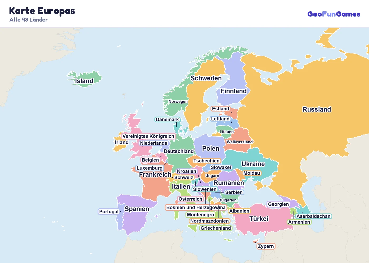 Karte Europas mit den Namen aller Länder: Albanien, Österreich, Armenien, Aserbaidschan, Weißrussland, Belgien, Bosnien und Herzegowina, Bulgarien, Kroatien, Zypern, Tschechien, Dänemark, Estland, Finnland, Frankreich, Georgien, Deutschland, Griechenland, Ungarn, Island, Irland, Italien, Lettland, Litauen, Luxemburg, Moldau, Montenegro, Niederlande, Nordmazedonien, Norwegen, Polen, Portugal, Rumänien, Russland, Serbien, Slowakei, Slowenien, Spanien, Schweden, Schweiz, Türkei, Ukraine, Vereinigtes Königreich
