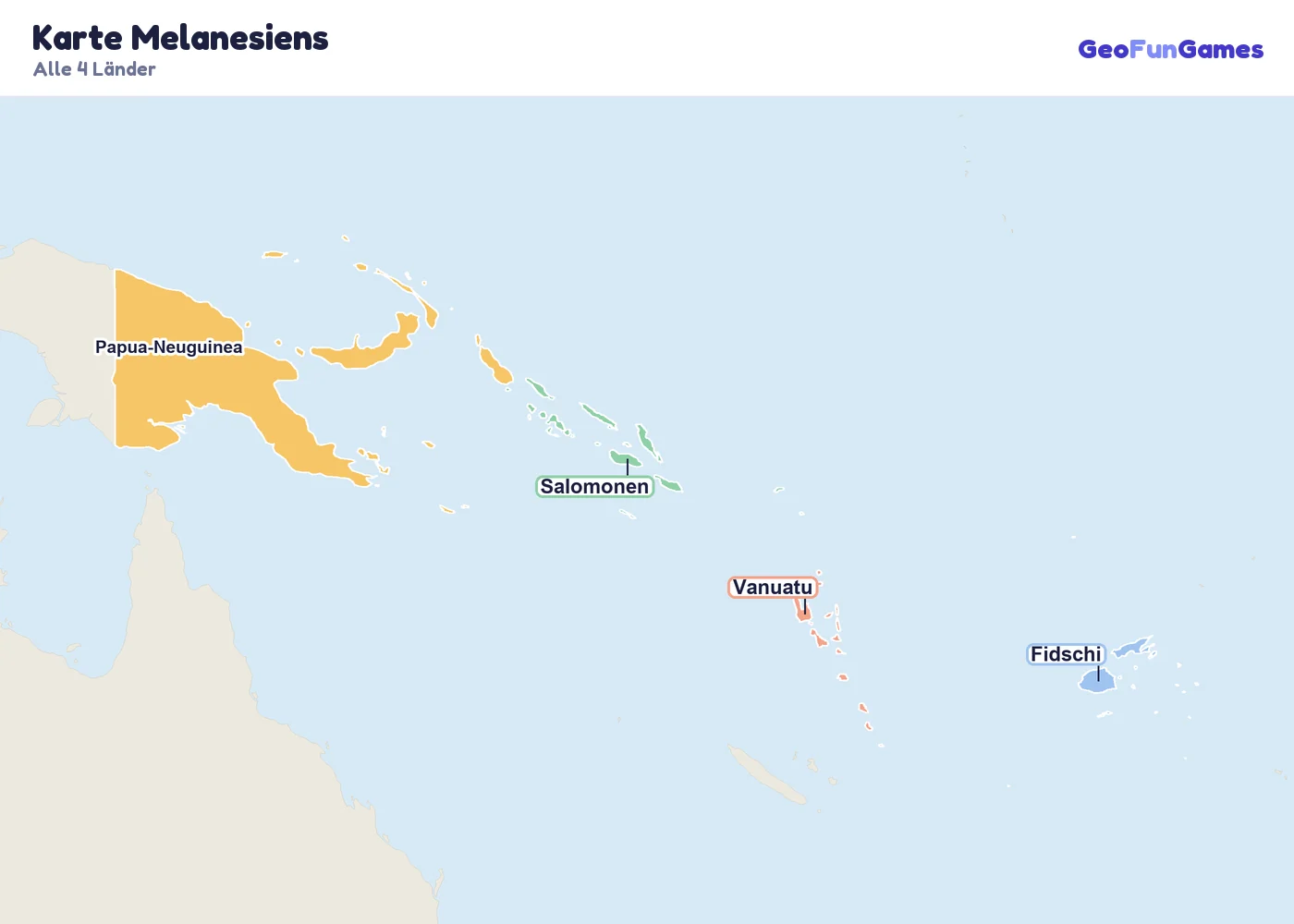 Karte Melanesiens mit den Namen aller Länder: Fidschi, Papua-Neuguinea, Salomonen, Vanuatu