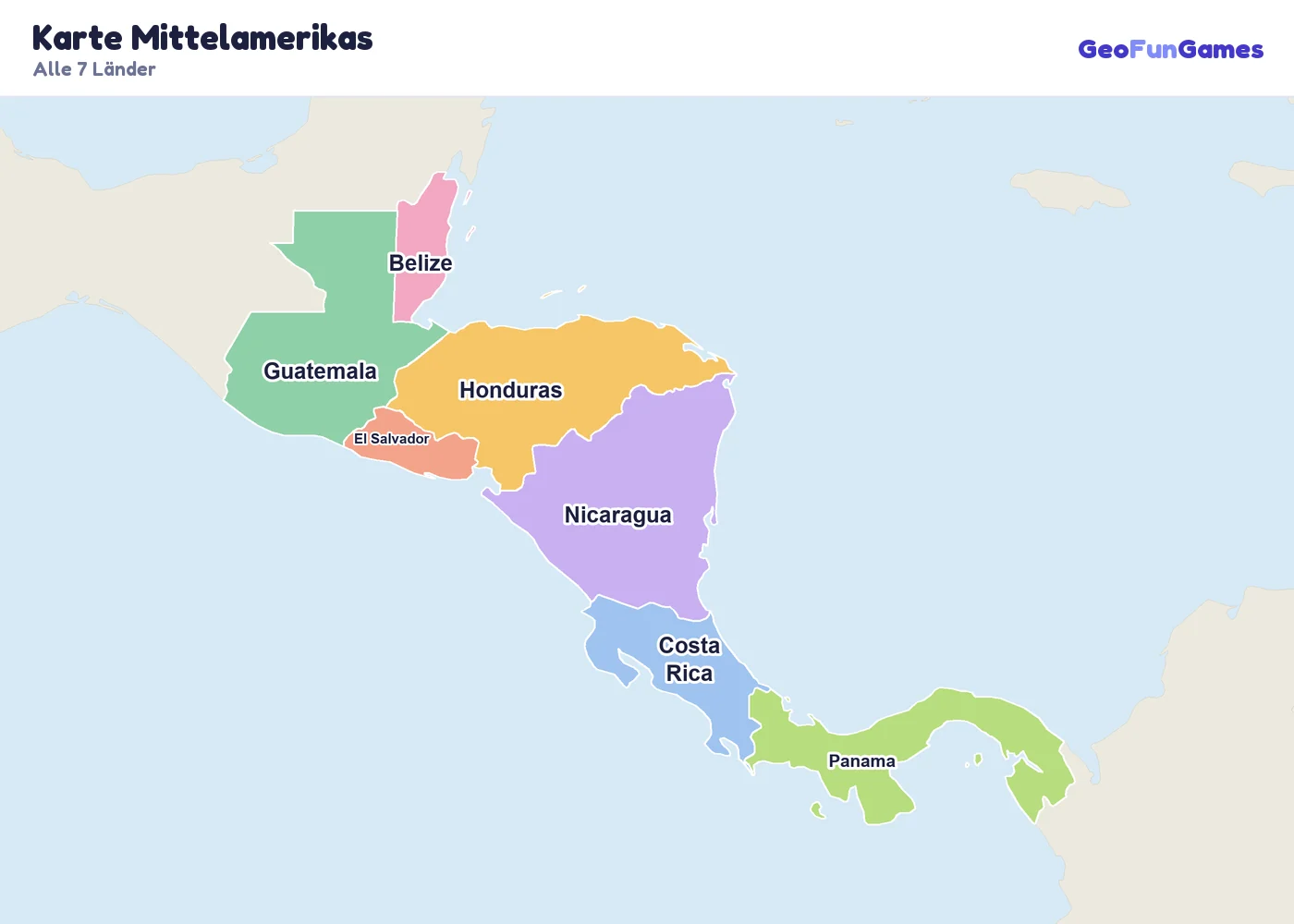 Karte Mittelamerikas mit den Namen aller Länder: Belize, Guatemala, El Salvador, Honduras, Nicaragua, Costa Rica, Panama