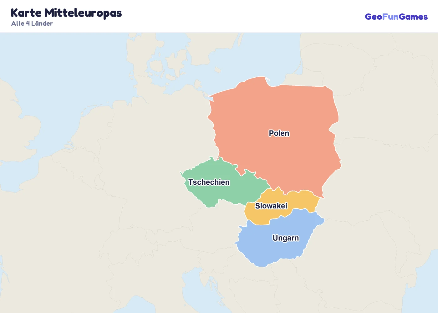 Karte Mitteleuropas mit den Namen aller Länder: Tschechien, Ungarn, Polen, Slowakei
