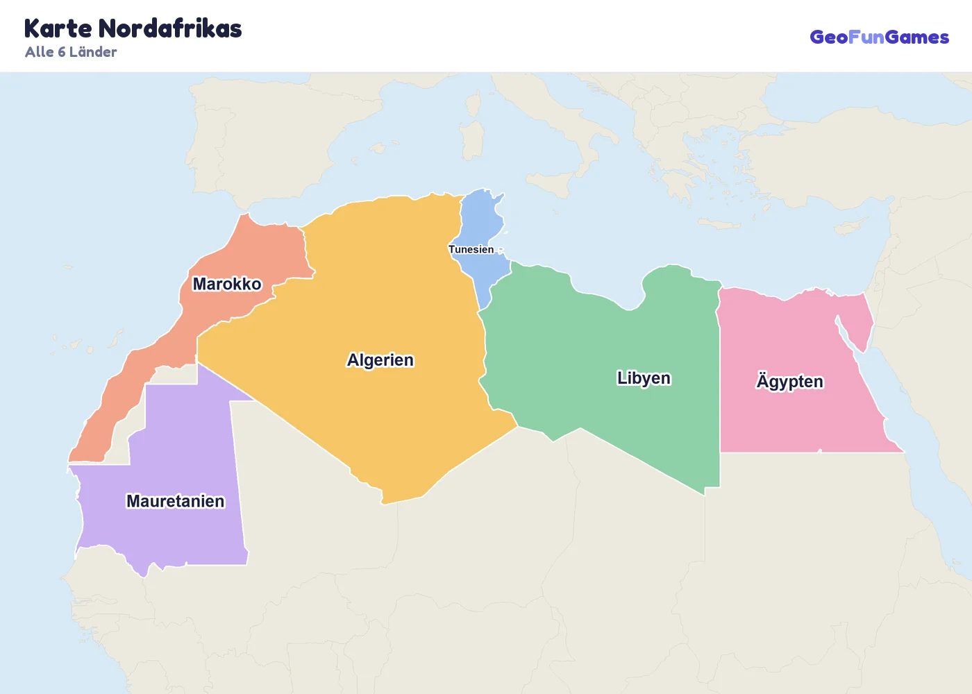 Karte Nordafrikas mit den Namen aller Länder: Algerien, Ägypten, Libyen, Marokko, Tunesien, Mauretanien
