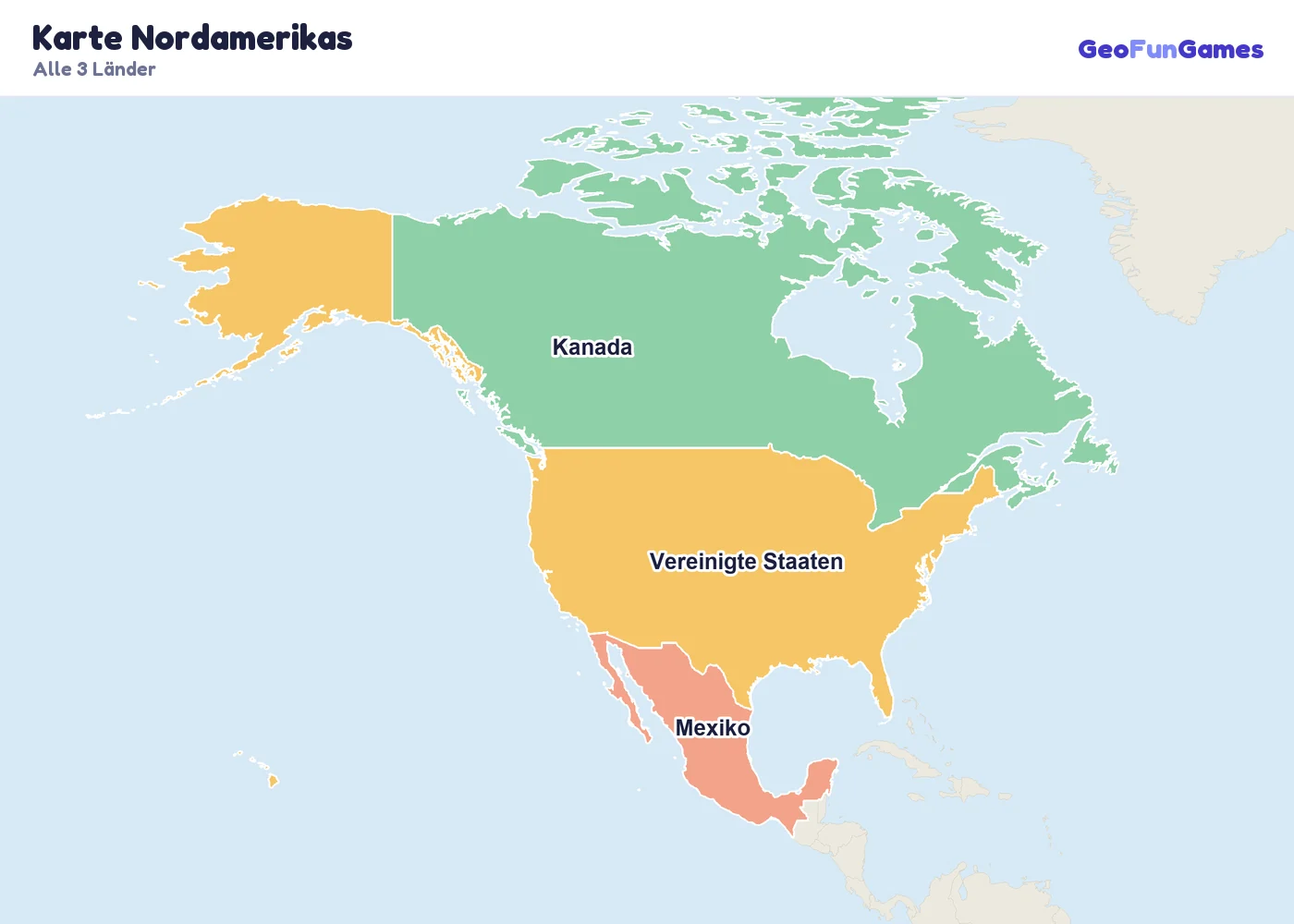Karte Nordamerikas mit den Namen aller Länder: Kanada, Vereinigte Staaten, Mexiko