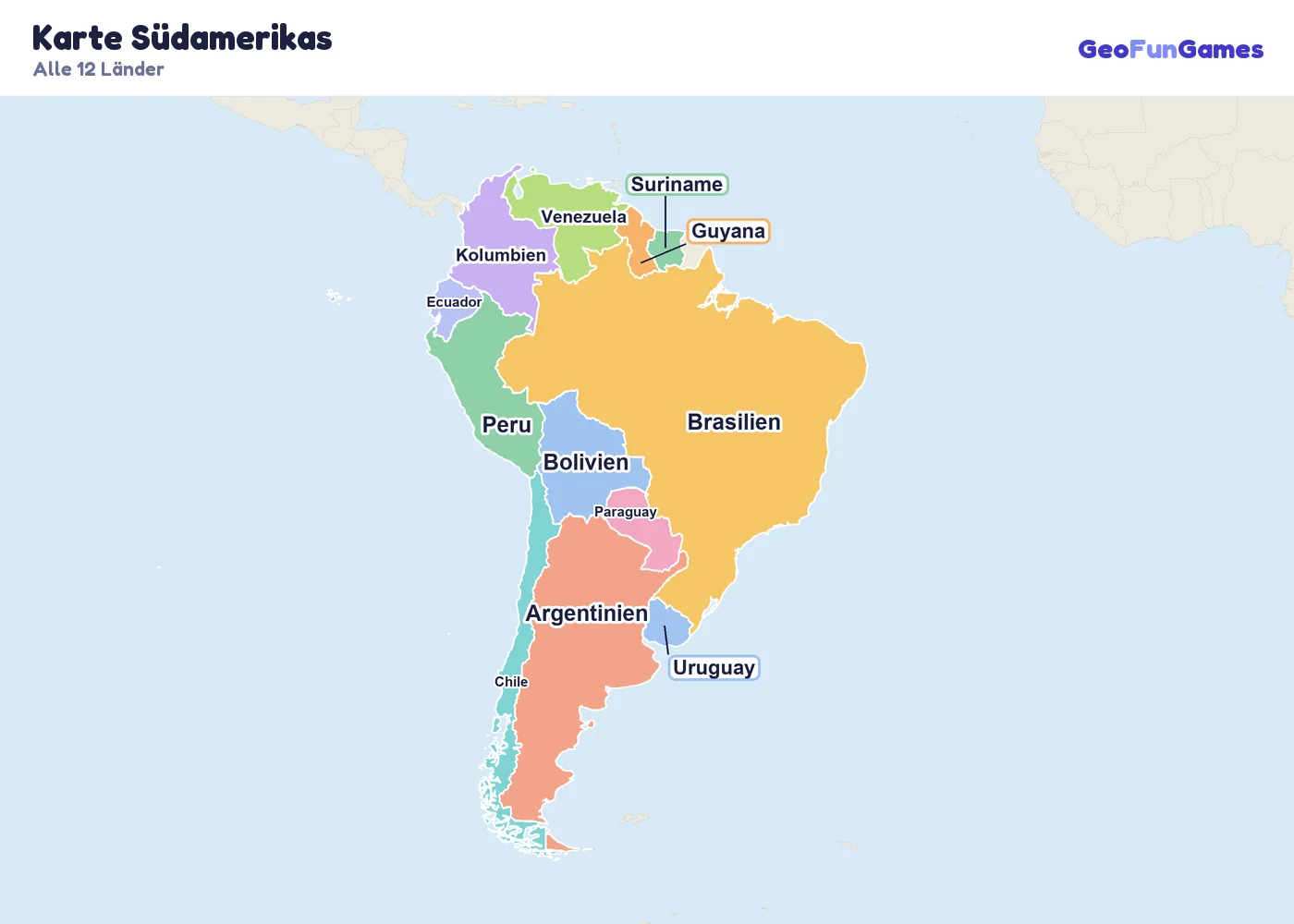 Karte Südamerikas mit den Namen aller Länder: Argentinien, Bolivien, Brasilien, Chile, Kolumbien, Ecuador, Guyana, Paraguay, Peru, Suriname, Uruguay, Venezuela