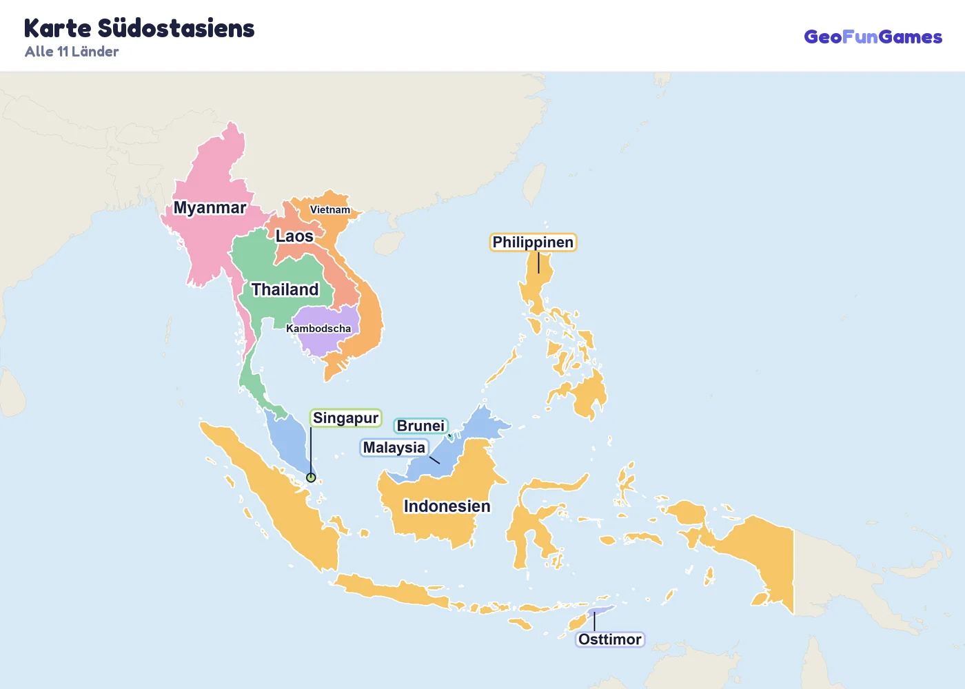 Karte Südostasiens mit den Namen aller Länder: Myanmar, Thailand, Laos, Kambodscha, Vietnam, Malaysia, Singapur, Brunei, Indonesien, Philippinen, Osttimor