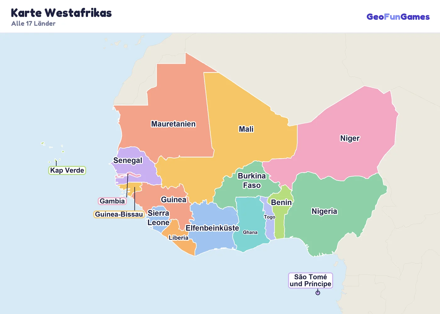 Karte Westafrikas mit den Namen aller Länder: Nigeria, Ghana, Senegal, Mali, Niger, Burkina Faso, Elfenbeinküste, Guinea, Gambia, Liberia, Sierra Leone, Togo, Benin, Kap Verde, Guinea-Bissau, Mauretanien, São Tomé und Príncipe