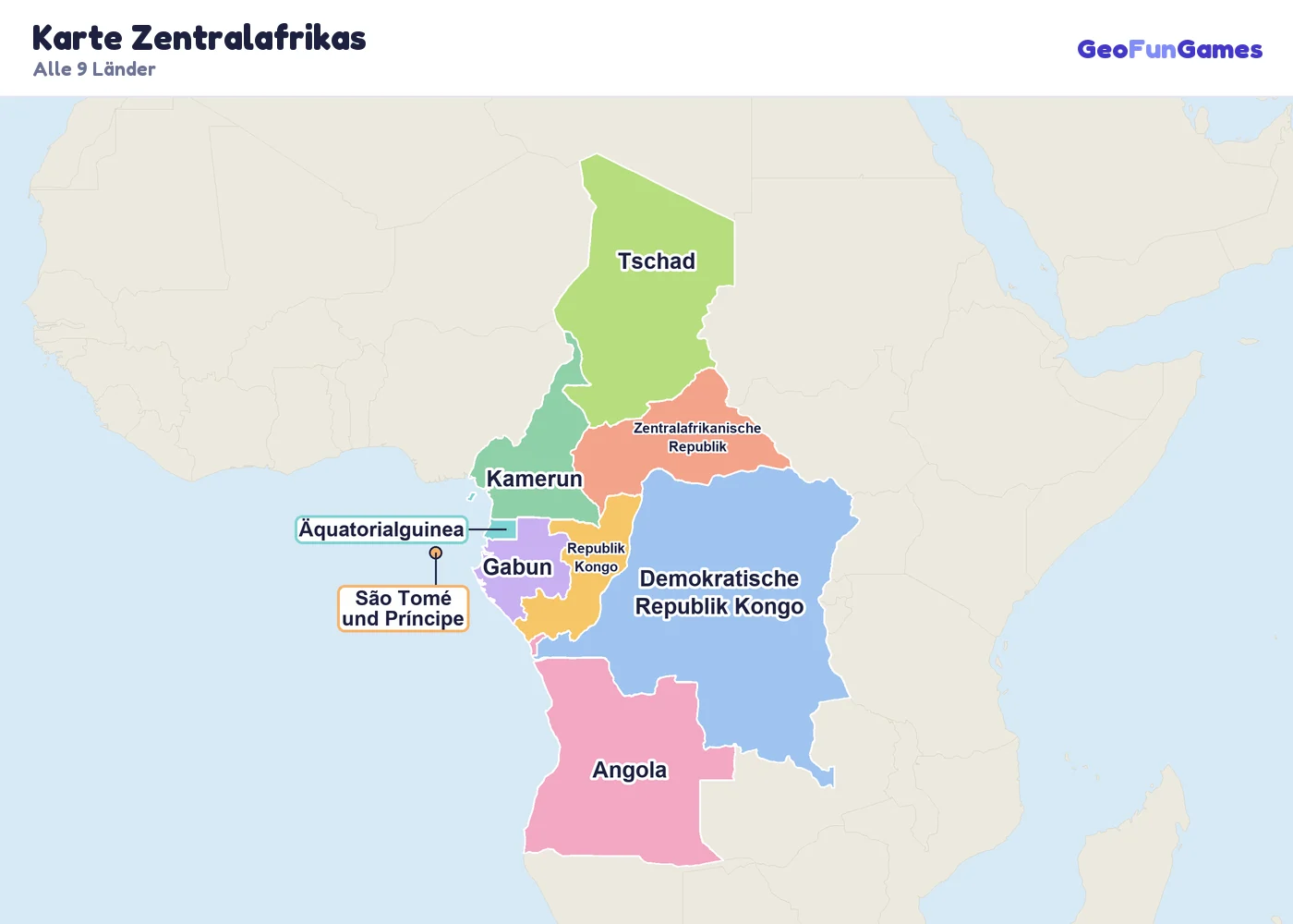 Karte Zentralafrikas mit den Namen aller Länder: Kamerun, Zentralafrikanische Republik, Tschad, Demokratische Republik Kongo, Republik Kongo, Äquatorialguinea, Gabun, São Tomé und Príncipe, Angola