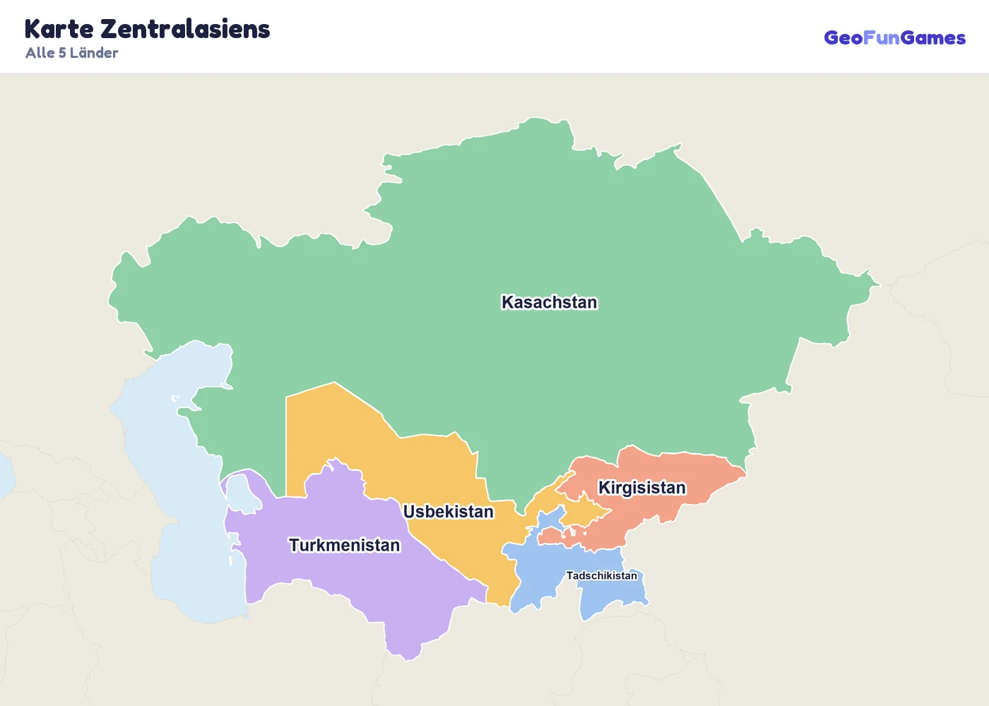 Karte Zentralasiens mit den Namen aller Länder: Kasachstan, Kirgisistan, Tadschikistan, Turkmenistan, Usbekistan