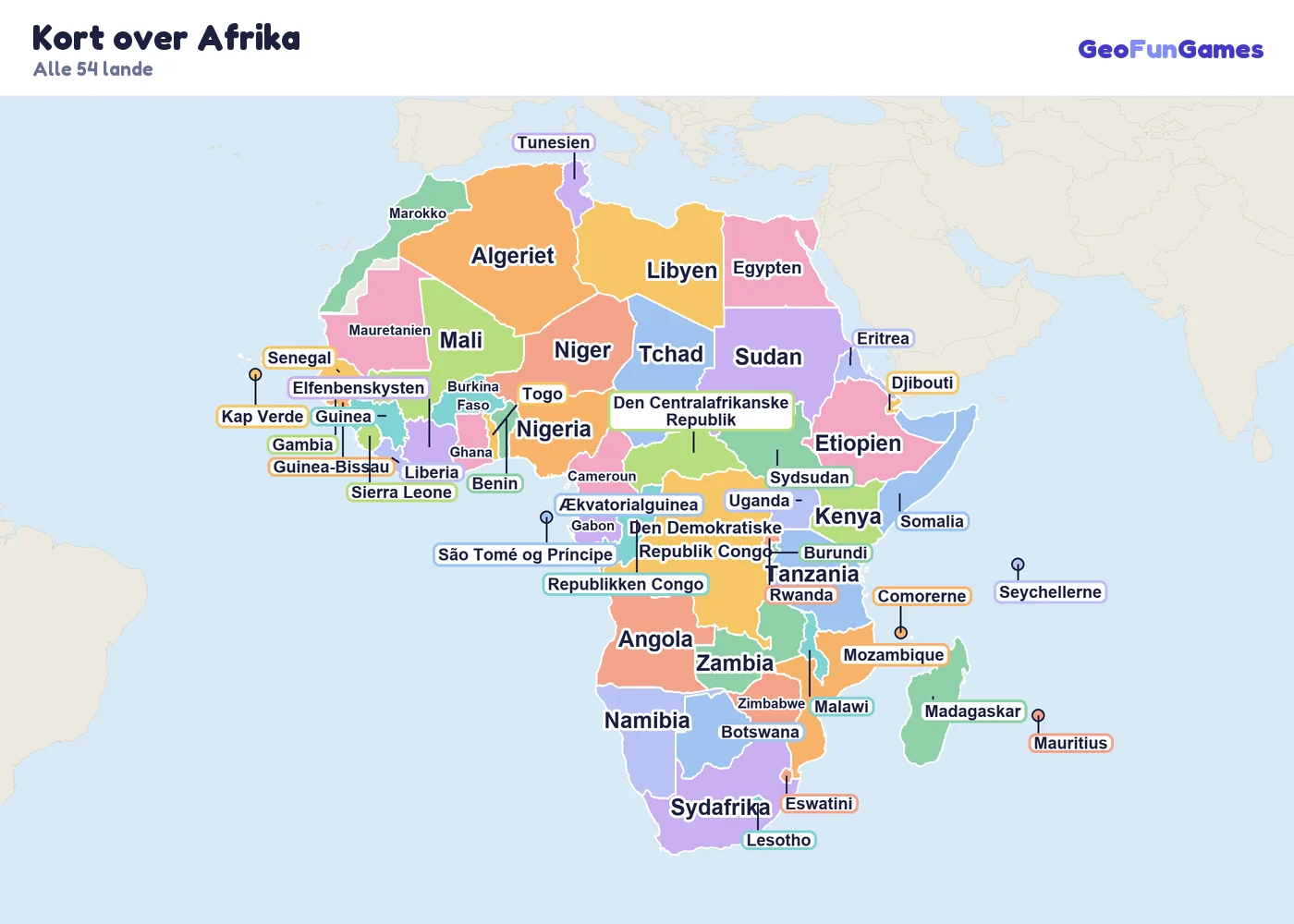 Kort over Afrika med landenes navne: Algeriet, Egypten, Libyen, Marokko, Tunesien, Mauretanien, Nigeria, Ghana, Senegal, Mali, Elfenbenskysten, Niger, Cameroun, Den Demokratiske Republik Congo, Republikken Congo, Angola, Tchad, Gabon, Etiopien, Kenya, Tanzania, Sudan, Sydsudan, Somalia, Madagaskar, Mozambique, Zambia, Sydafrika, Namibia, Botswana, Zimbabwe, Eswatini, Lesotho, Eritrea, Uganda, Rwanda, Malawi, Benin, Burkina Faso, Burundi, Den Centralafrikanske Republik, Djibouti, Ækvatorialguinea, Gambia, Guinea, Guinea-Bissau, Kap Verde, Comorerne, Liberia, Mauritius, Seychellerne, Sierra Leone, São Tomé og Príncipe, Togo